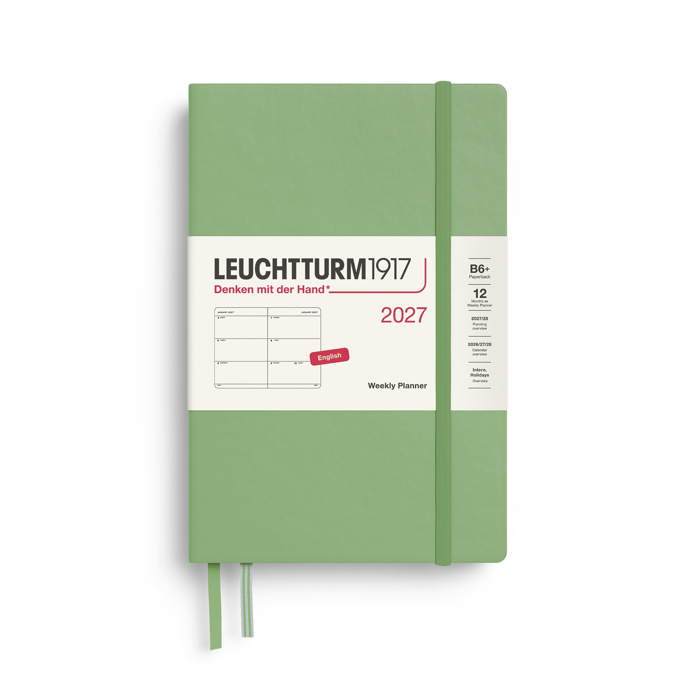 Weekly Planner 2027, 12 Months, English – Paperback (B6+) Hardcover Sage