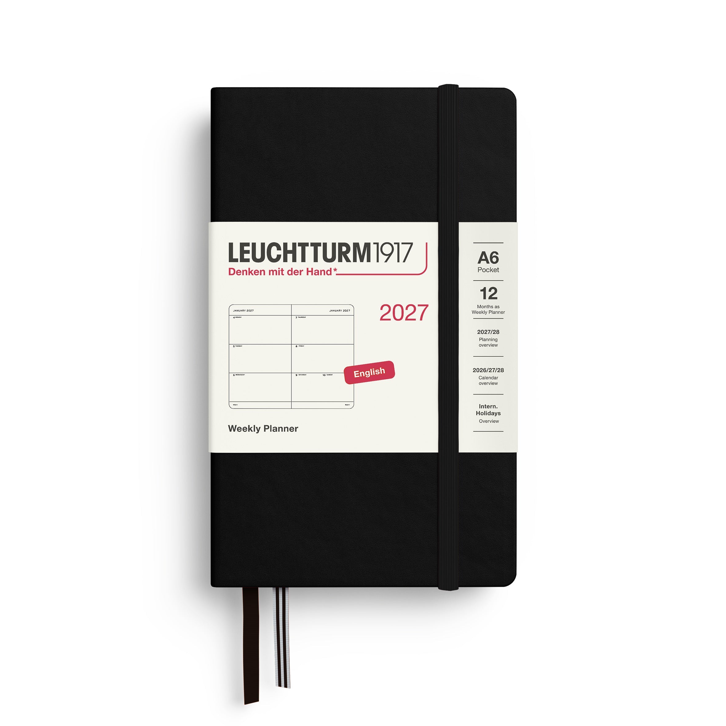 Weekly Planner 2027, 12 Months, English – Pocket (A6) Hardcover Black