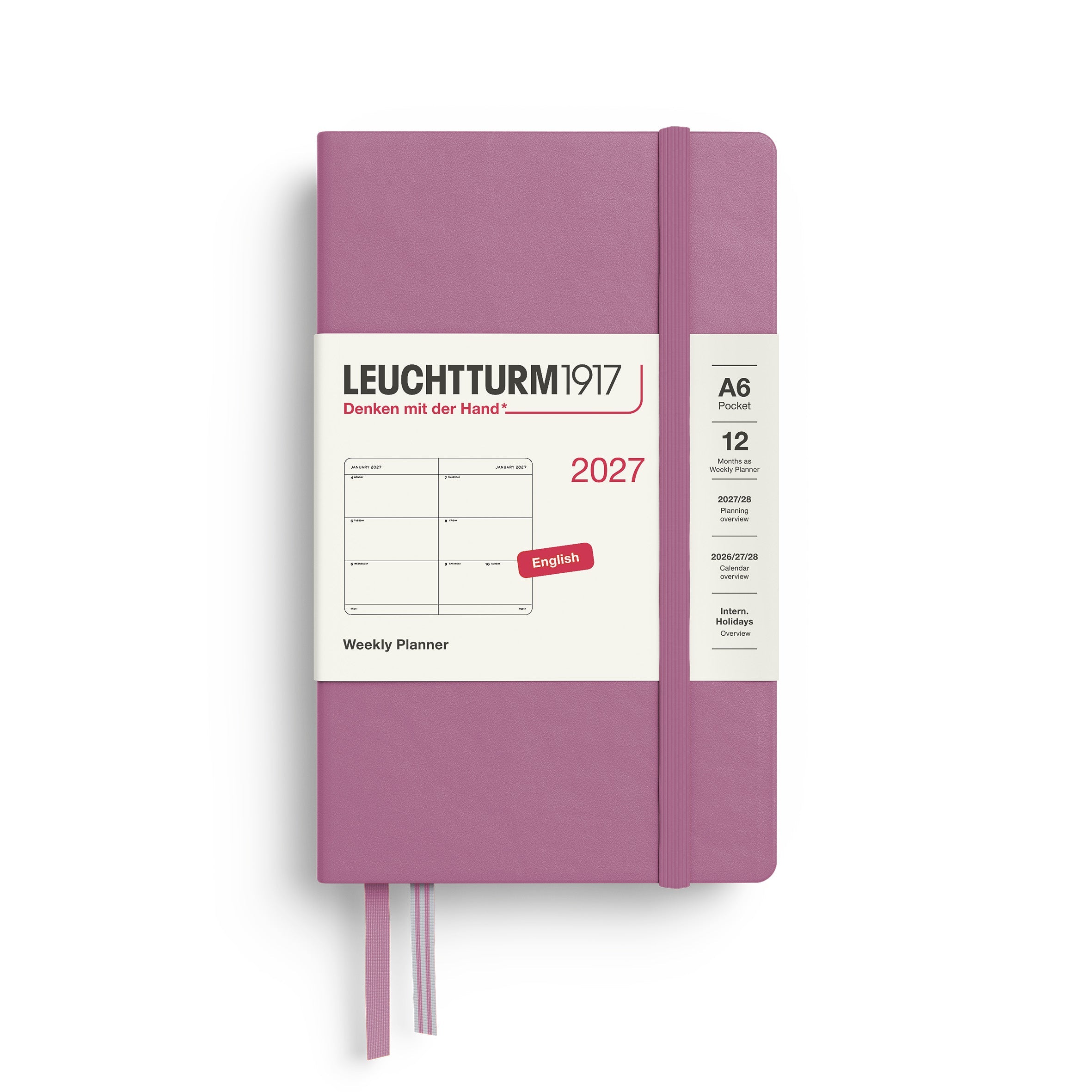 Weekly Planner 2027, 12 Months, English – Pocket (A6) Hardcover Dusty Rose