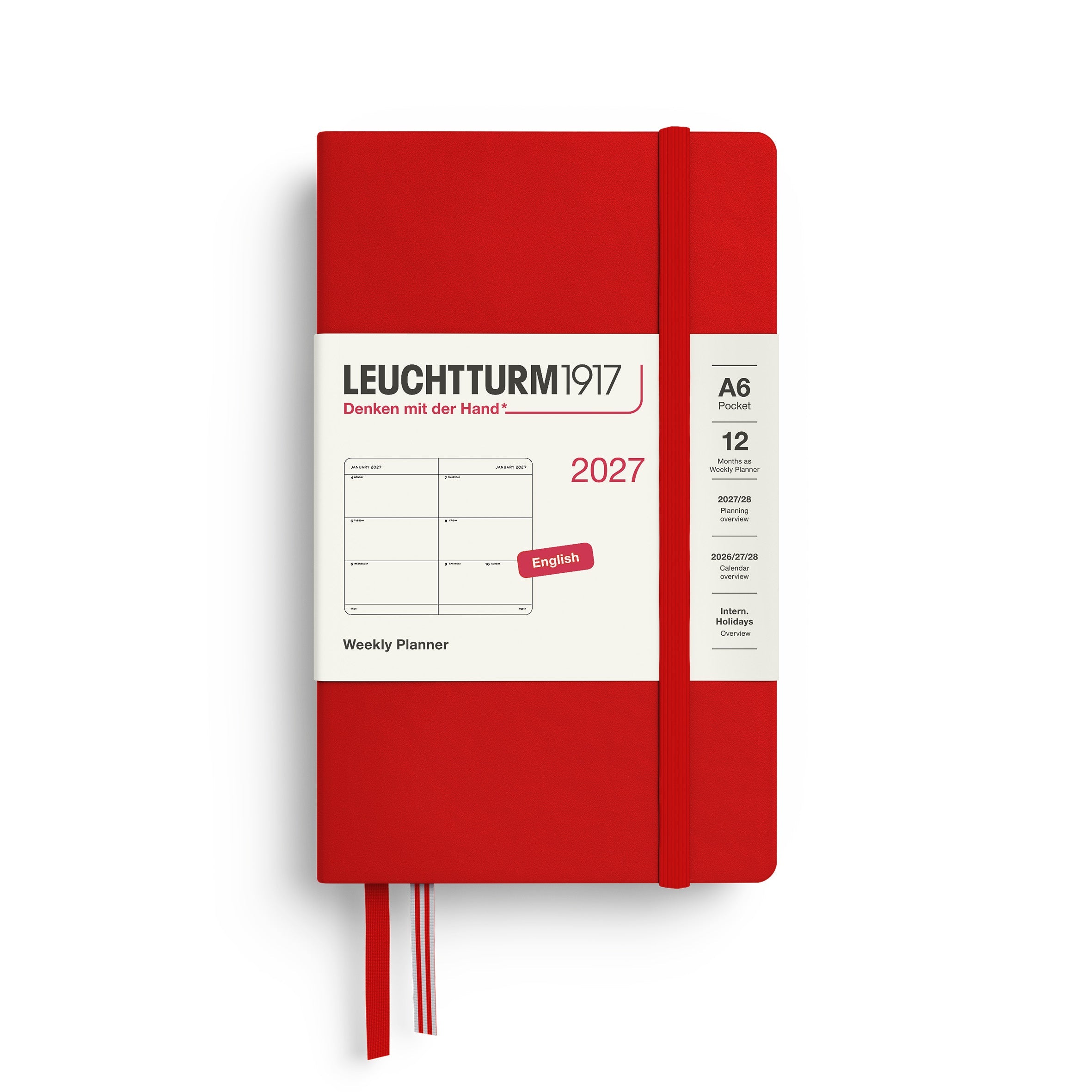 Weekly Planner 2027, 12 Months, English – Pocket (A6) Hardcover Cherry