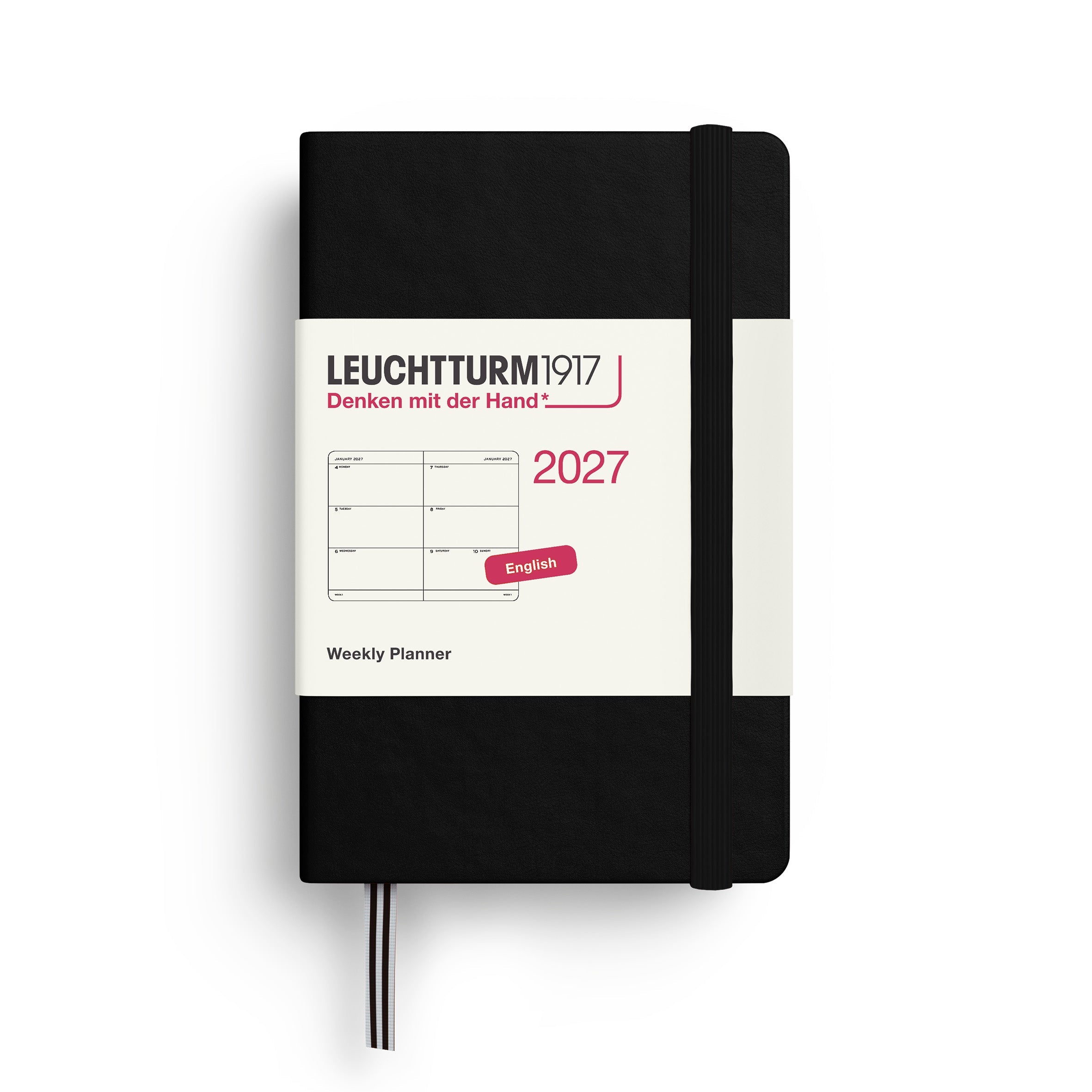 Weekly Planner 2027, 12 Months, English – Mini (A7) Hardcover Black