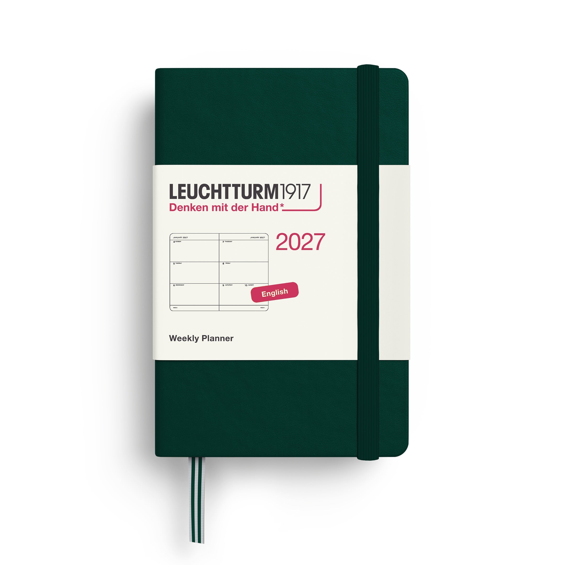 Weekly Planner 2027, 12 Months, English – Mini (A7) Hardcover Forest Green