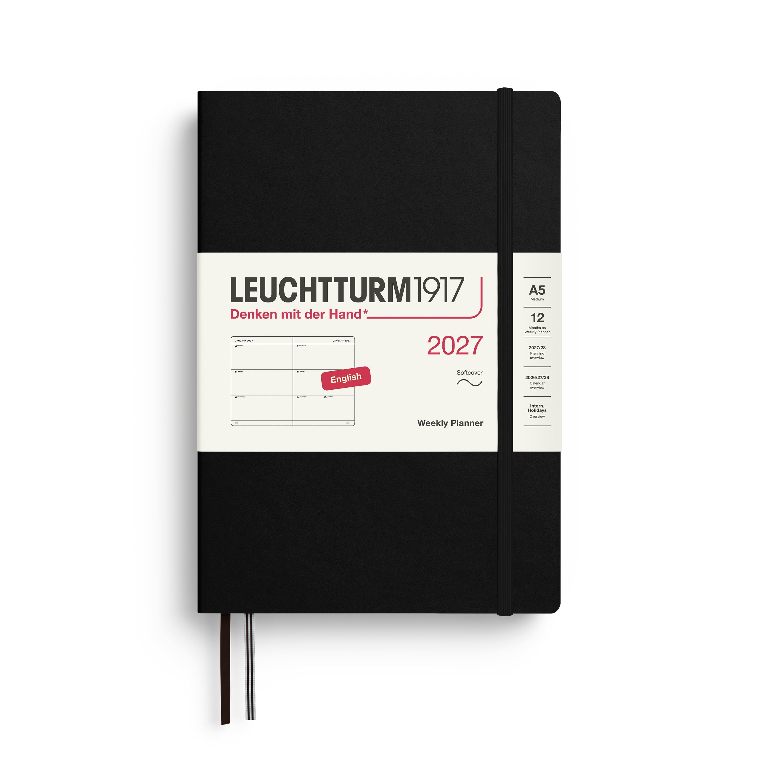 Weekly Planner 2027, 12 Months, English – Medium (A5) Softcover Black