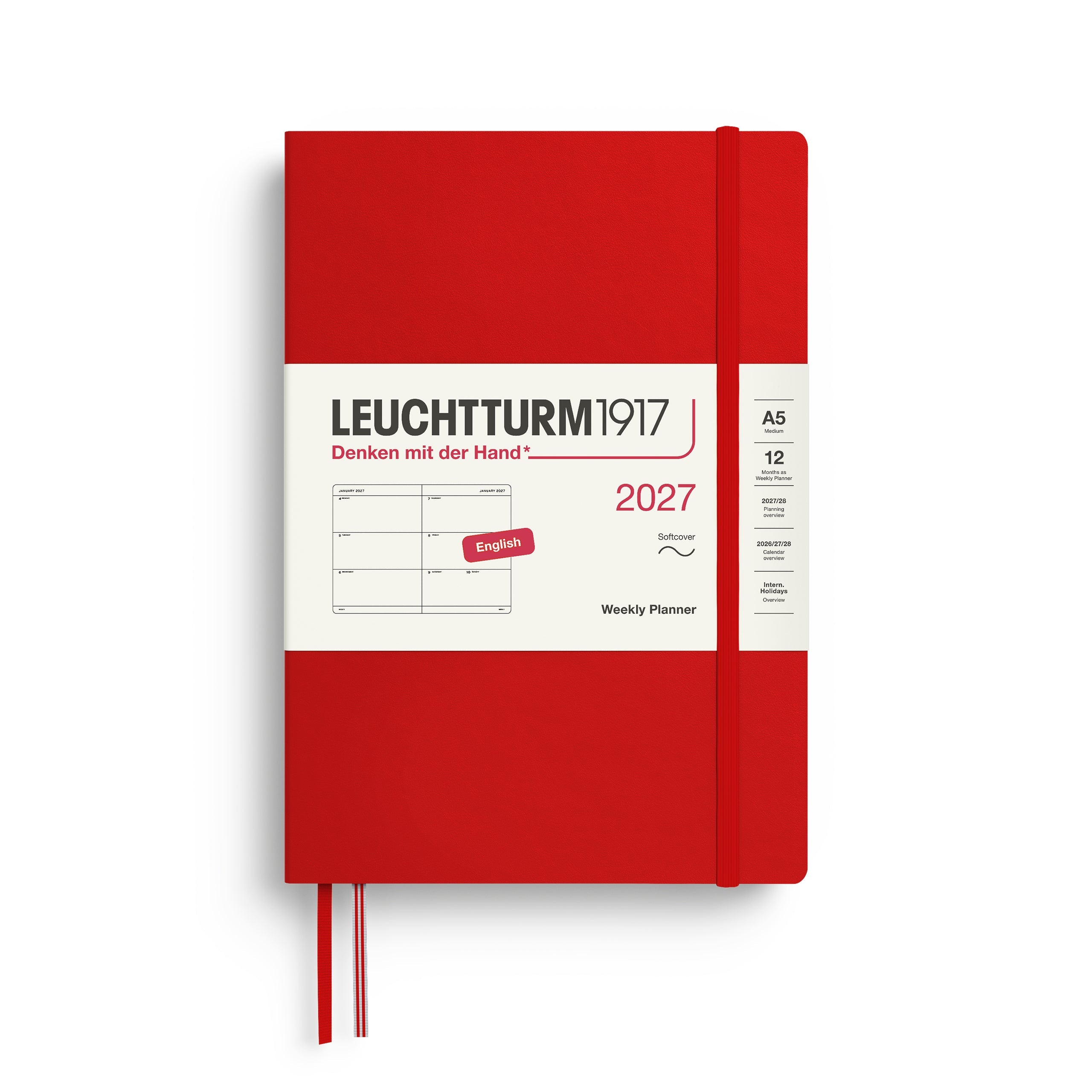 Weekly Planner 2027, 12 Months, English – Medium (A5) Softcover Cherry