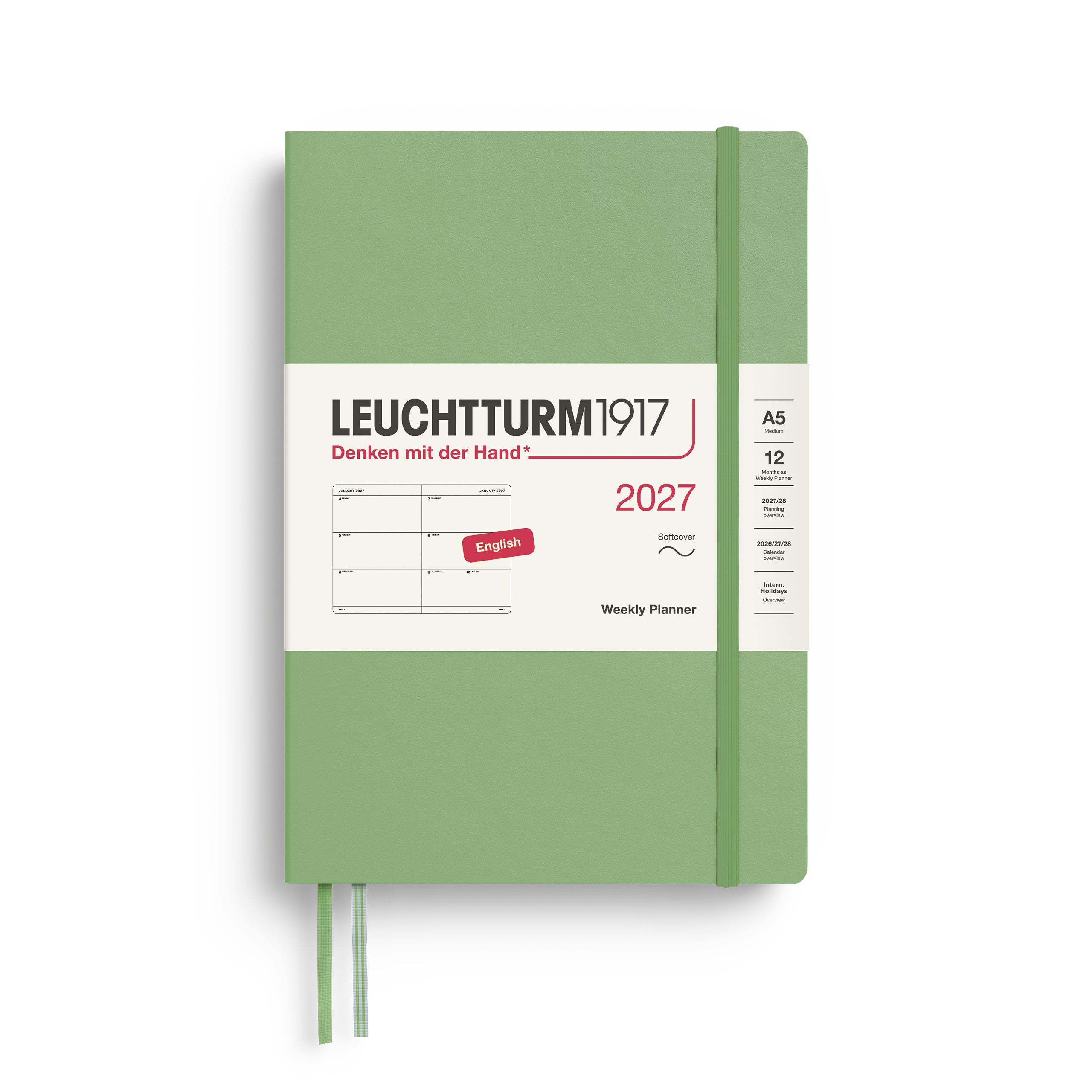 Weekly Planner 2027, 12 Months, English – Medium (A5) Softcover Sage
