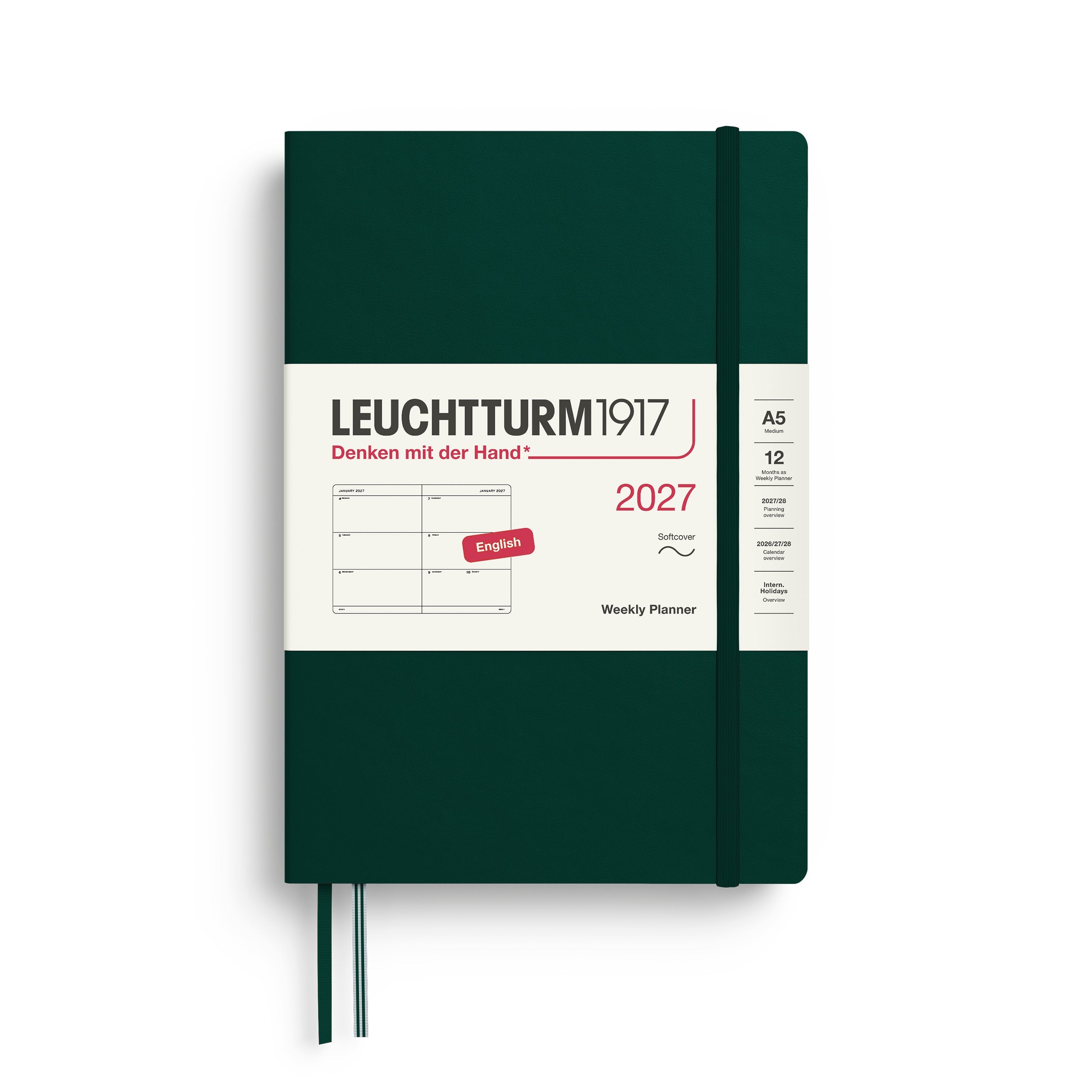 Weekly Planner 2027, 12 Months, English – Medium (A5) Softcover Forest Green