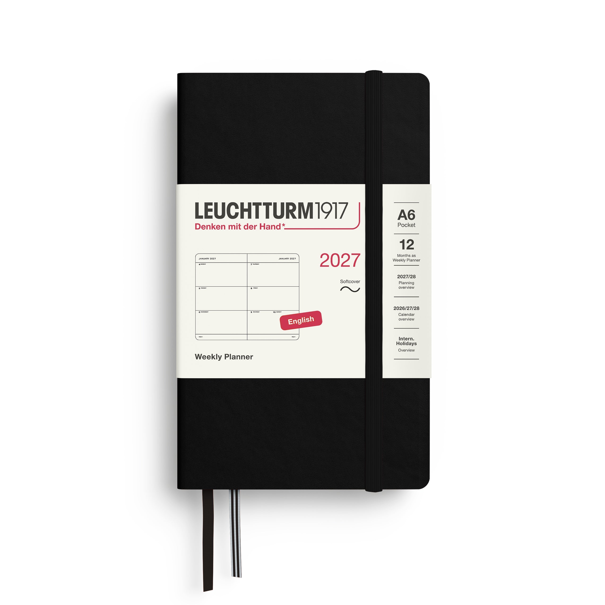 Weekly Planner 2027, 12 Months, English – Pocket (A6) Softcover Black