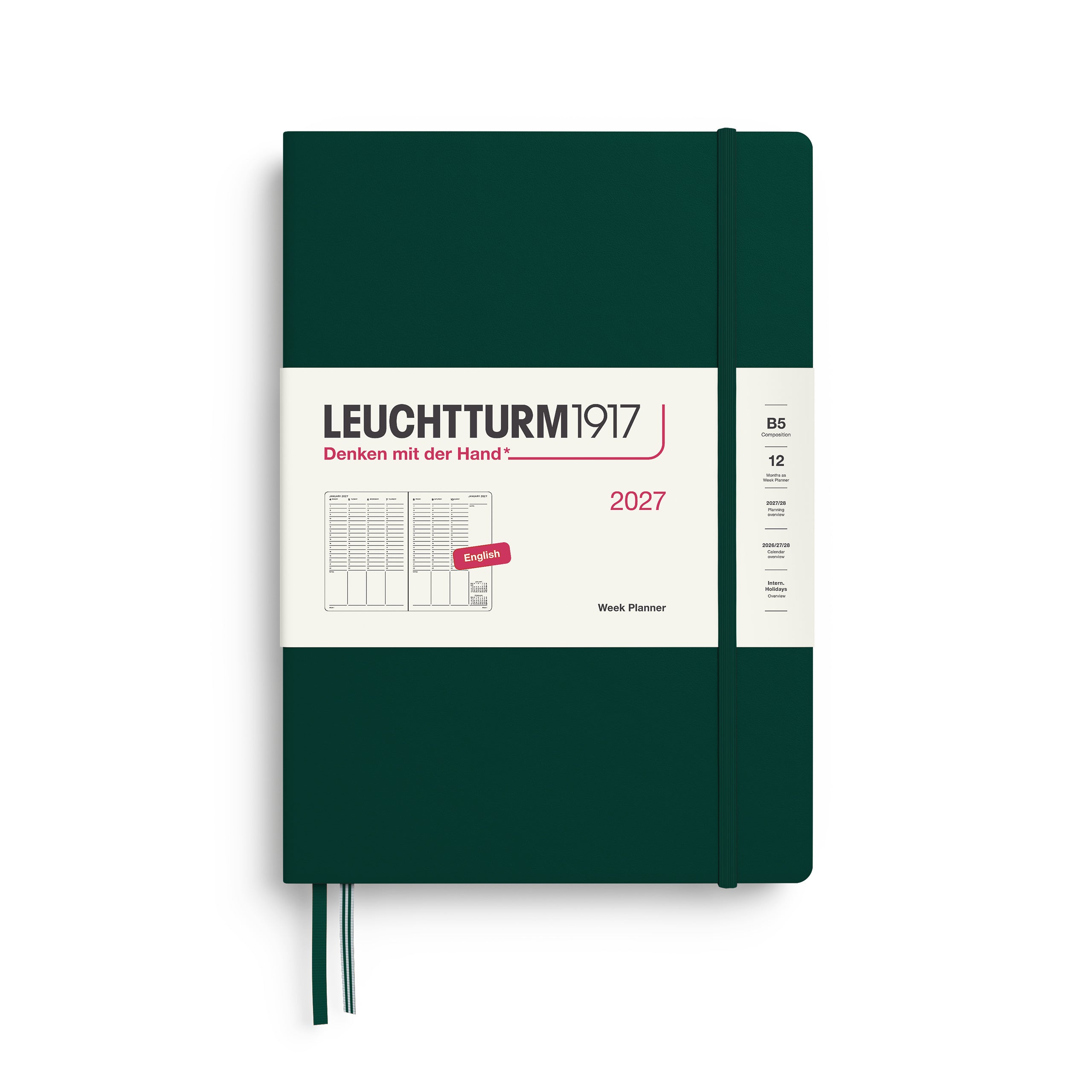 Week Planner 2027, 12 Months, English – Composition (B5) Hardcover Forest Green