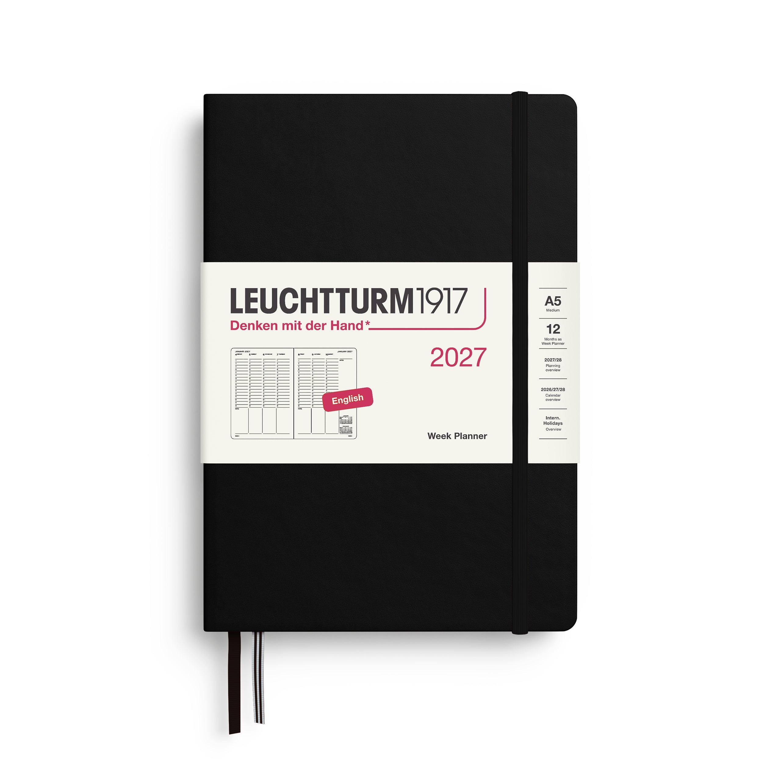 Week Planner 2027, 12 Months, English – Medium (A5) Hardcover Black