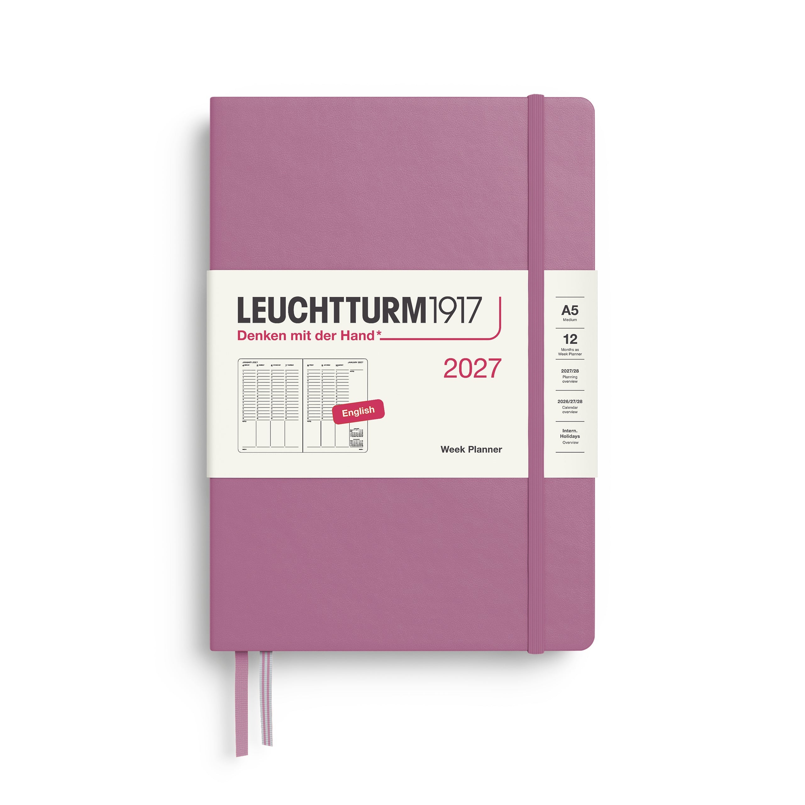 Week Planner 2027, 12 Months, English – Medium (A5) Hardcover Dusty Rose