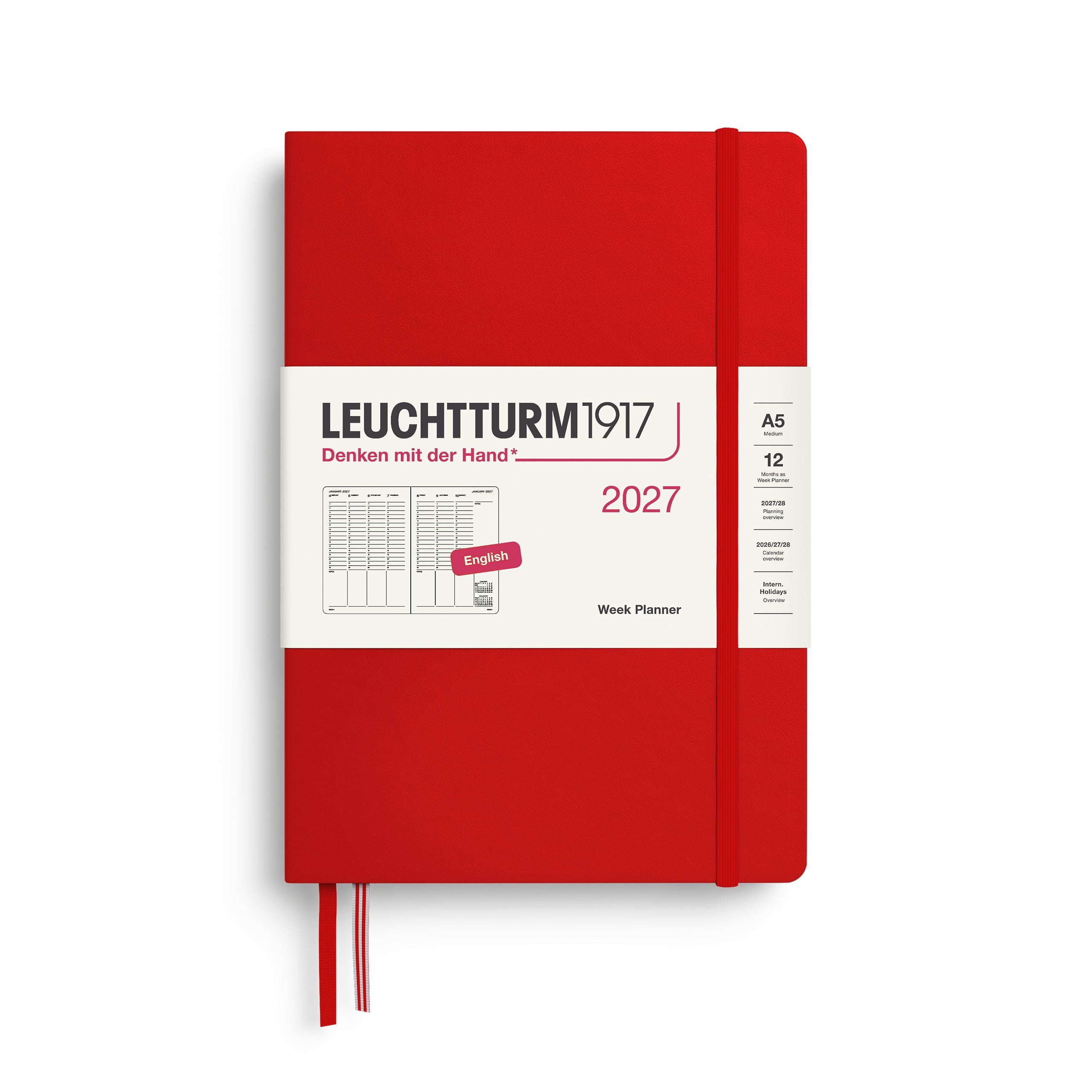Week Planner 2027, 12 Months, English – Medium (A5) Hardcover Cherry