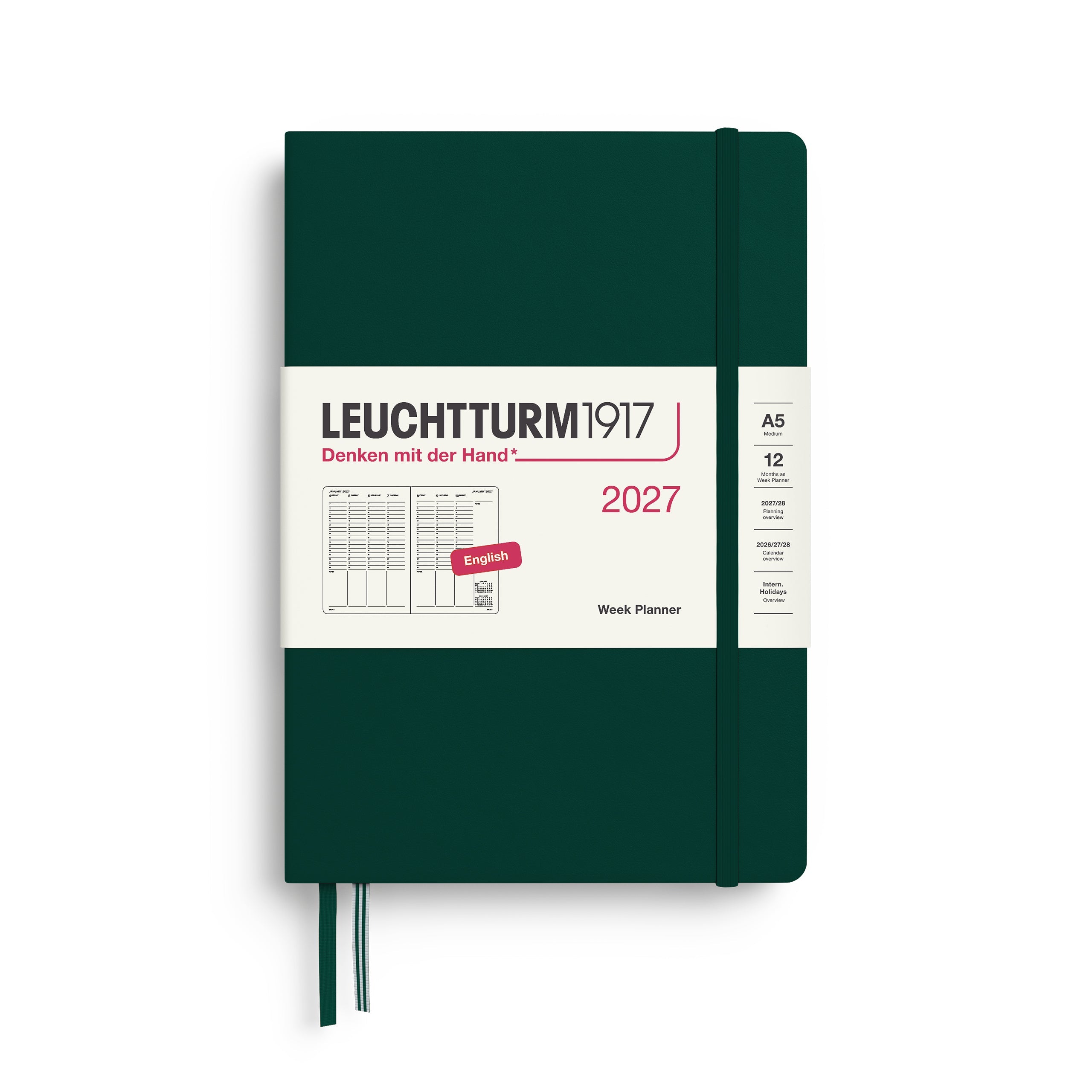 Week Planner 2027, 12 Months, English – Medium (A5) Hardcover Forest Green