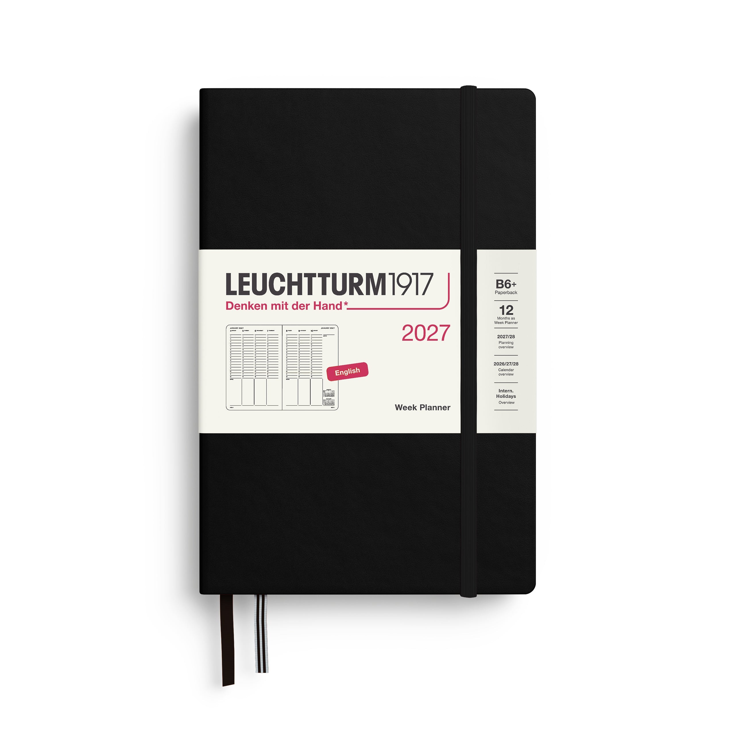 Week Planner 2027, 12 Months, English – Paperback (B6+) Hardcover Black