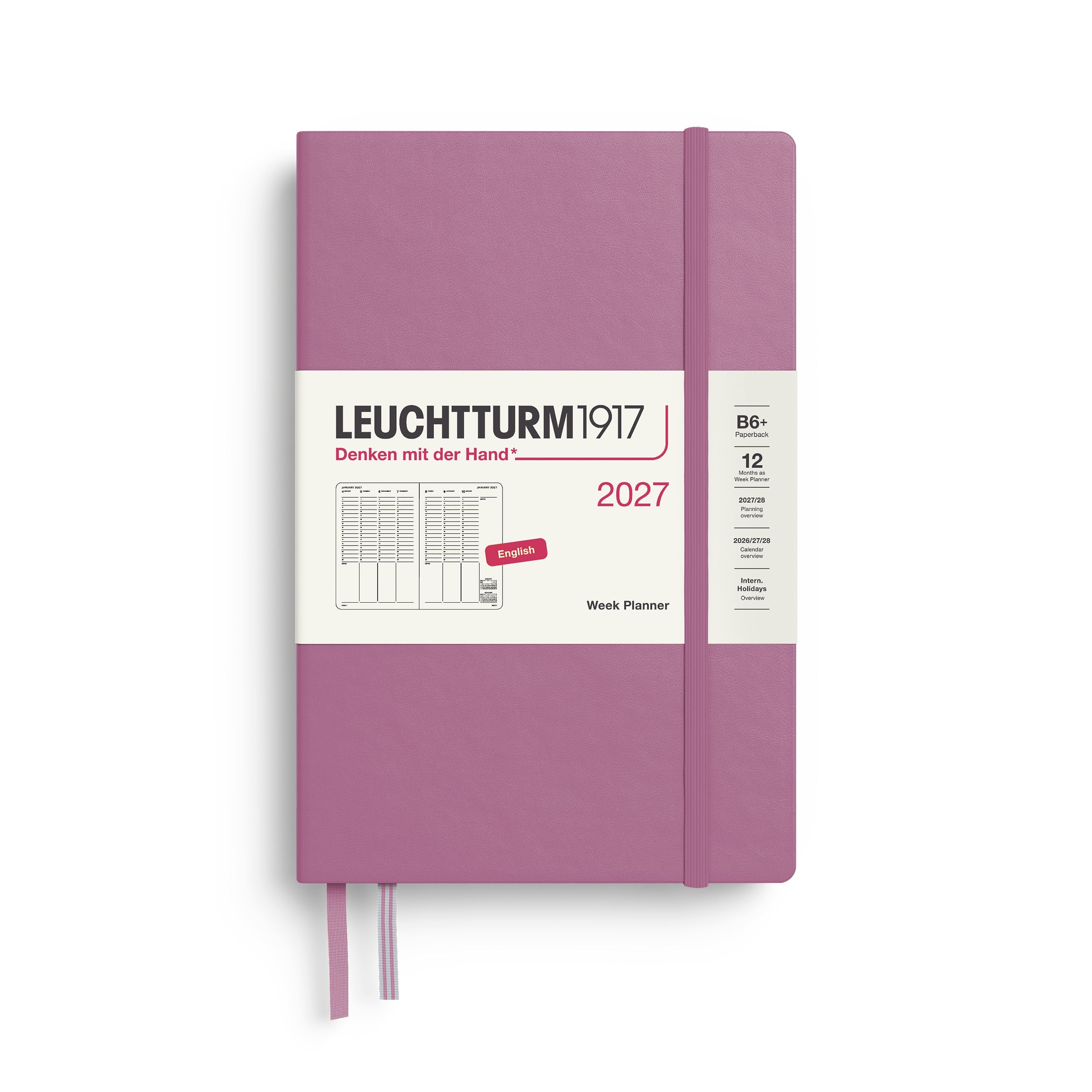 Week Planner 2027, 12 Months, English – Paperback (B6+) Hardcover Dusty Rose