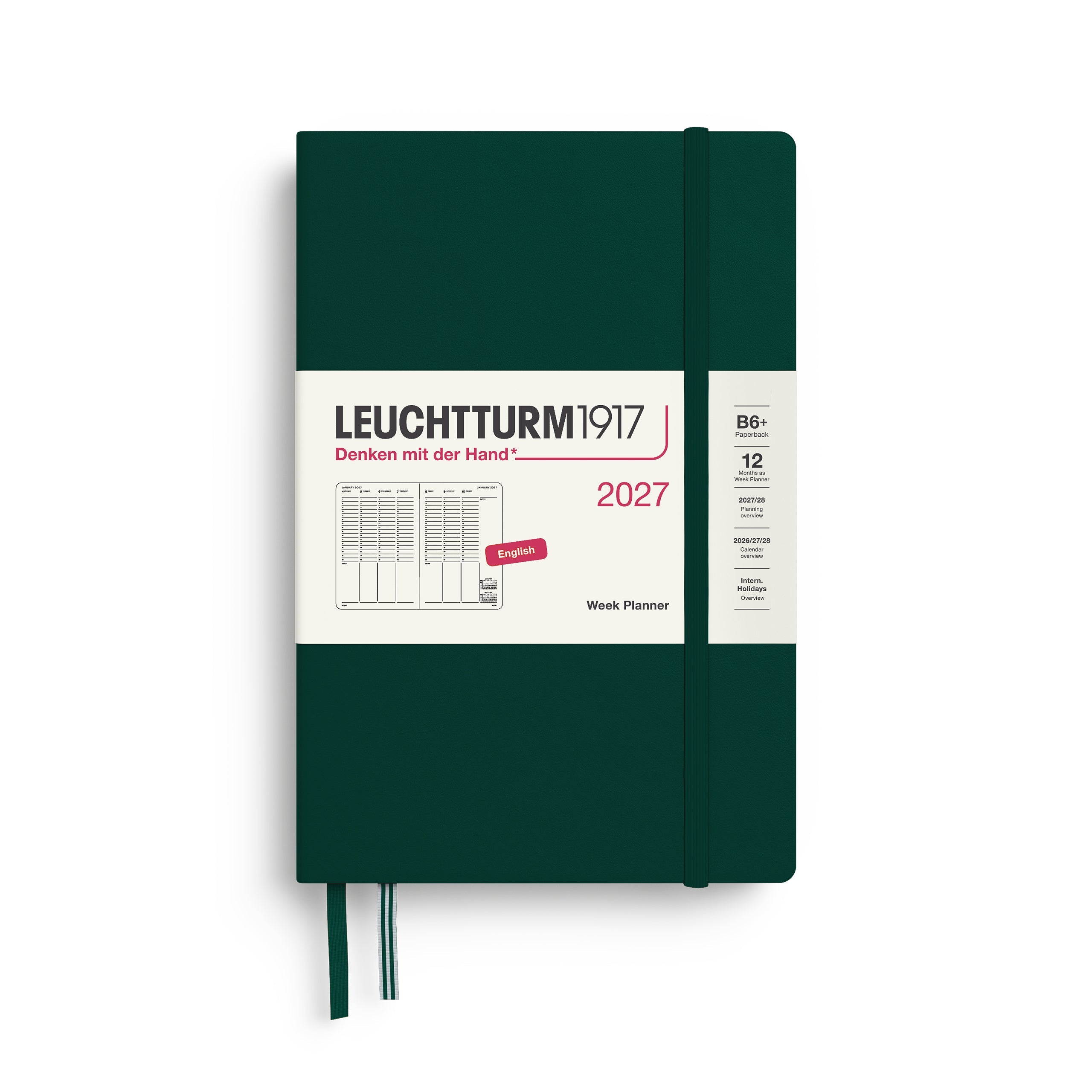 Week Planner 2027, 12 Months, English – Paperback (B6+) Hardcover Forest Green