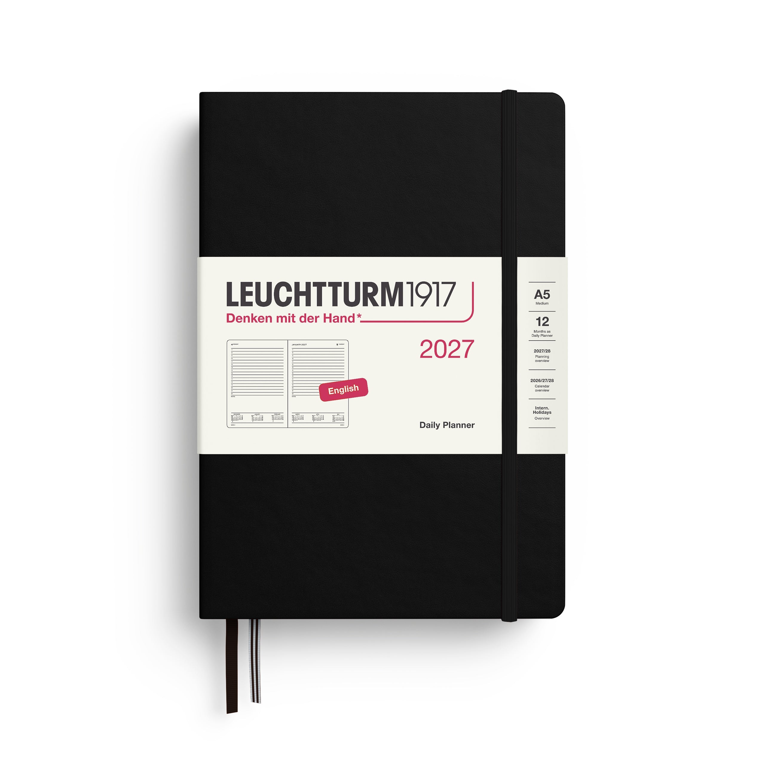 Daily Planner 2027, 12 Months, English – Medium (A5) Hardcover Black