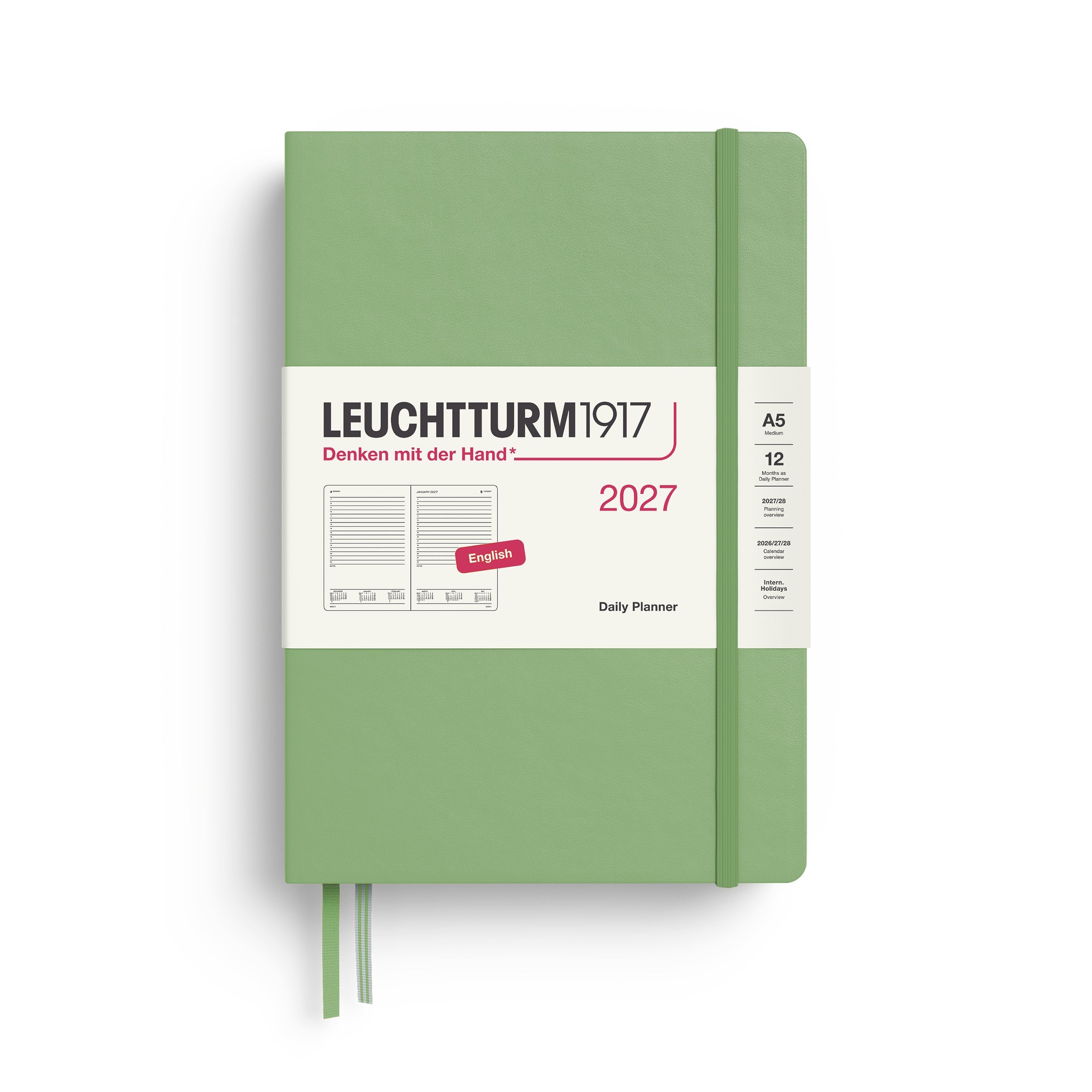 Daily Planner 2027, 12 Months, English – Medium (A5) Hardcover Sage