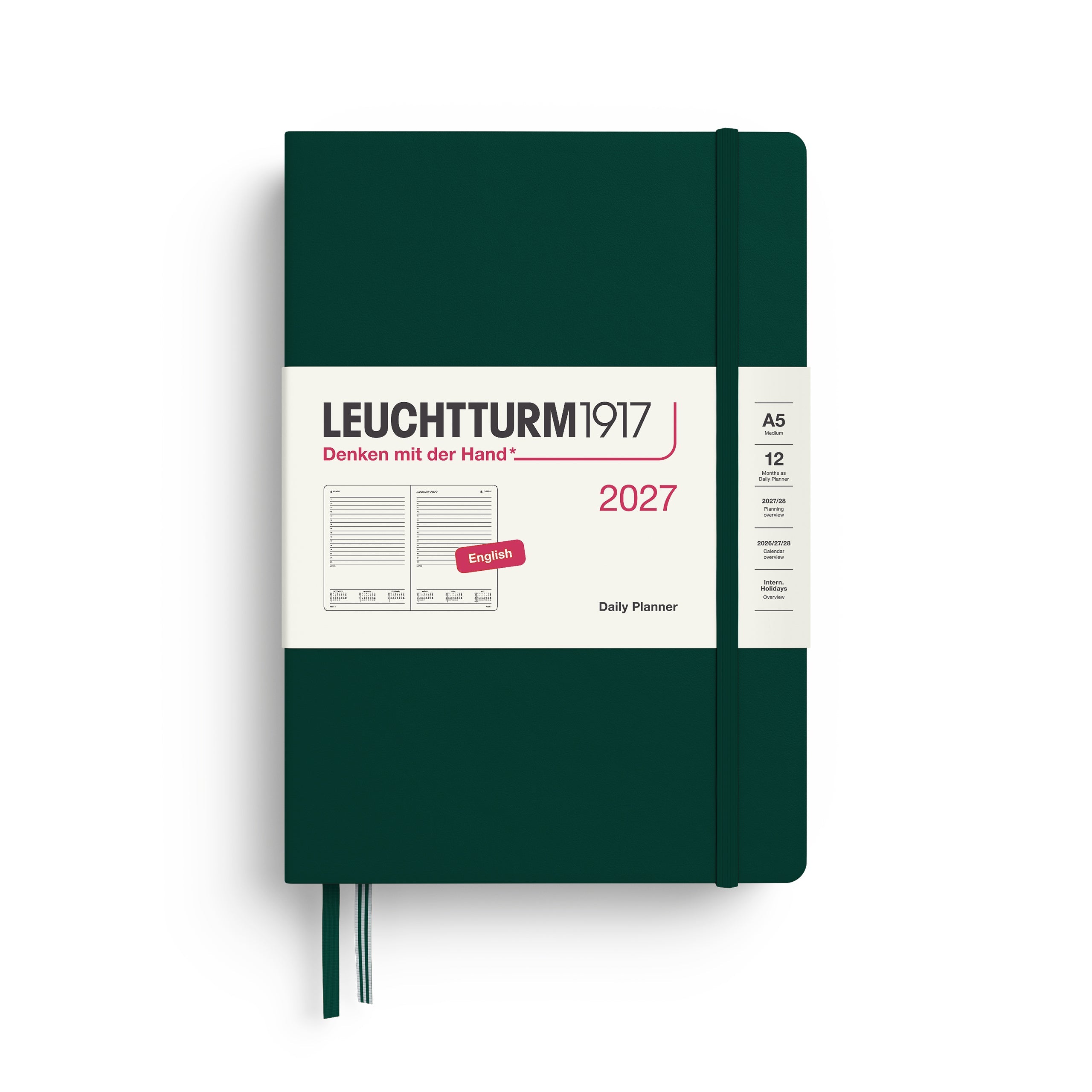 Daily Planner 2027, 12 Months, English – Medium (A5) Hardcover Forest Green