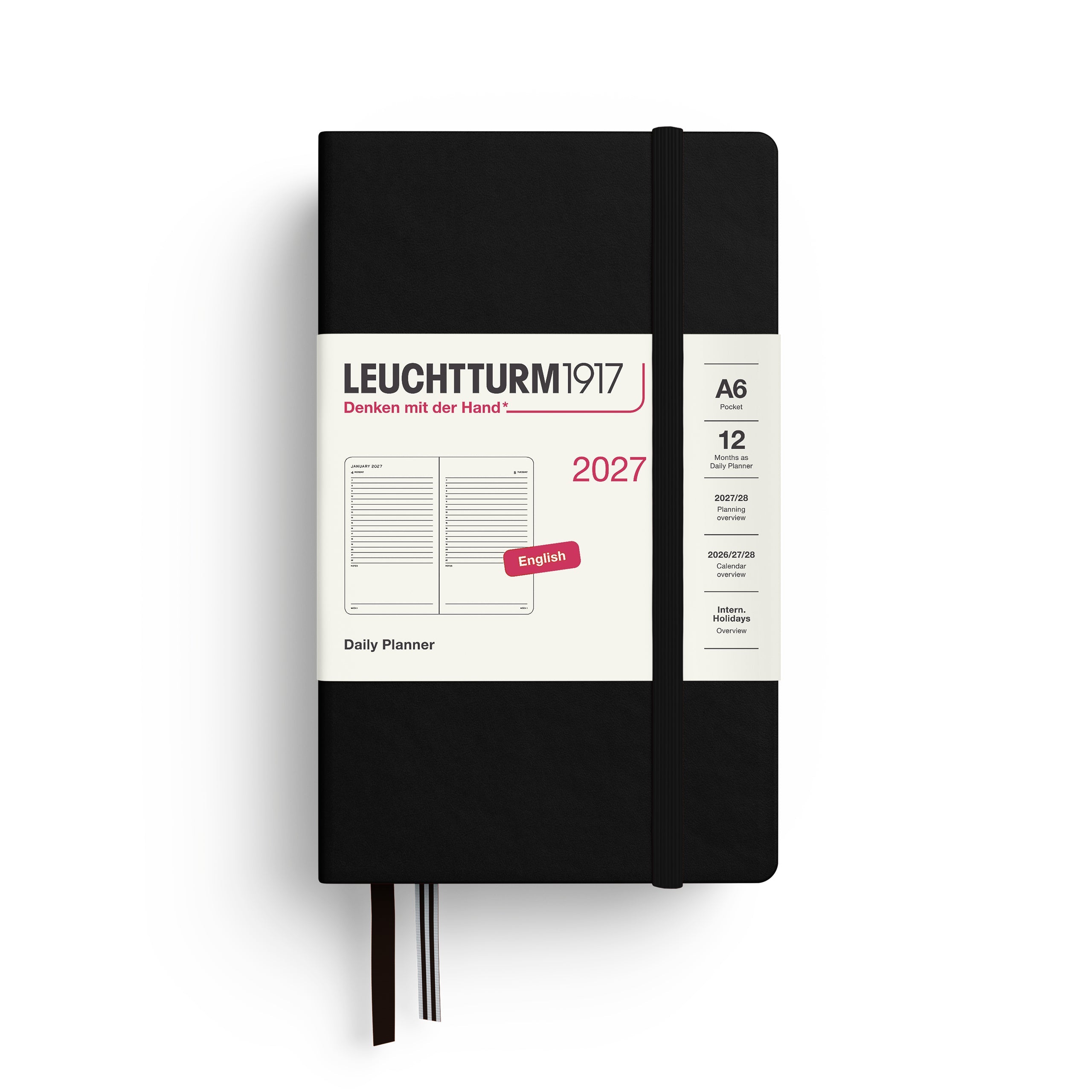 Daily Planner 2027, 12 Months, English – Pocket (A6) Hardcover Black