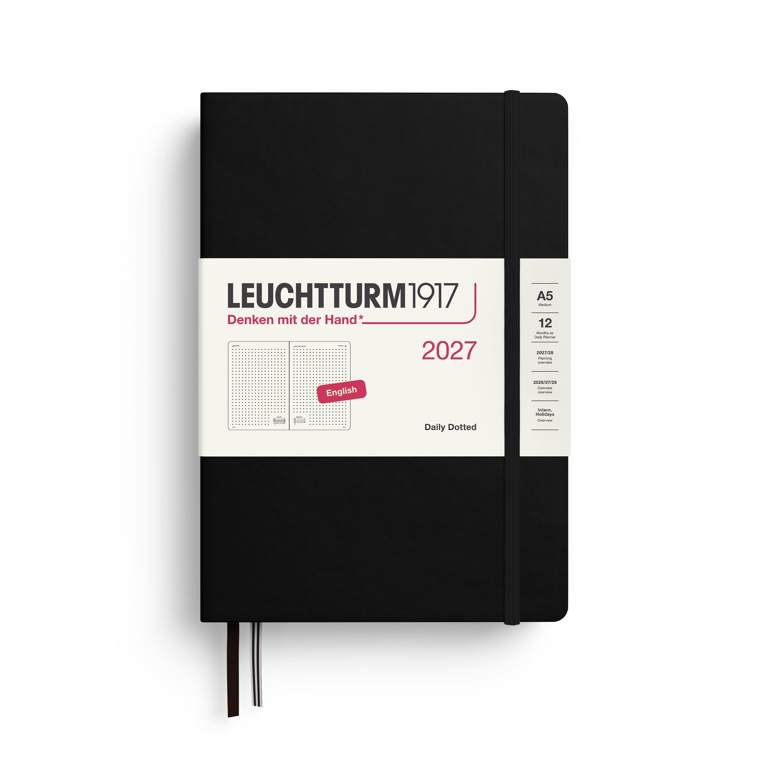 Daily Planner 2027, 12 Months, Dotted, English – Medium (A5) Hardcover Black