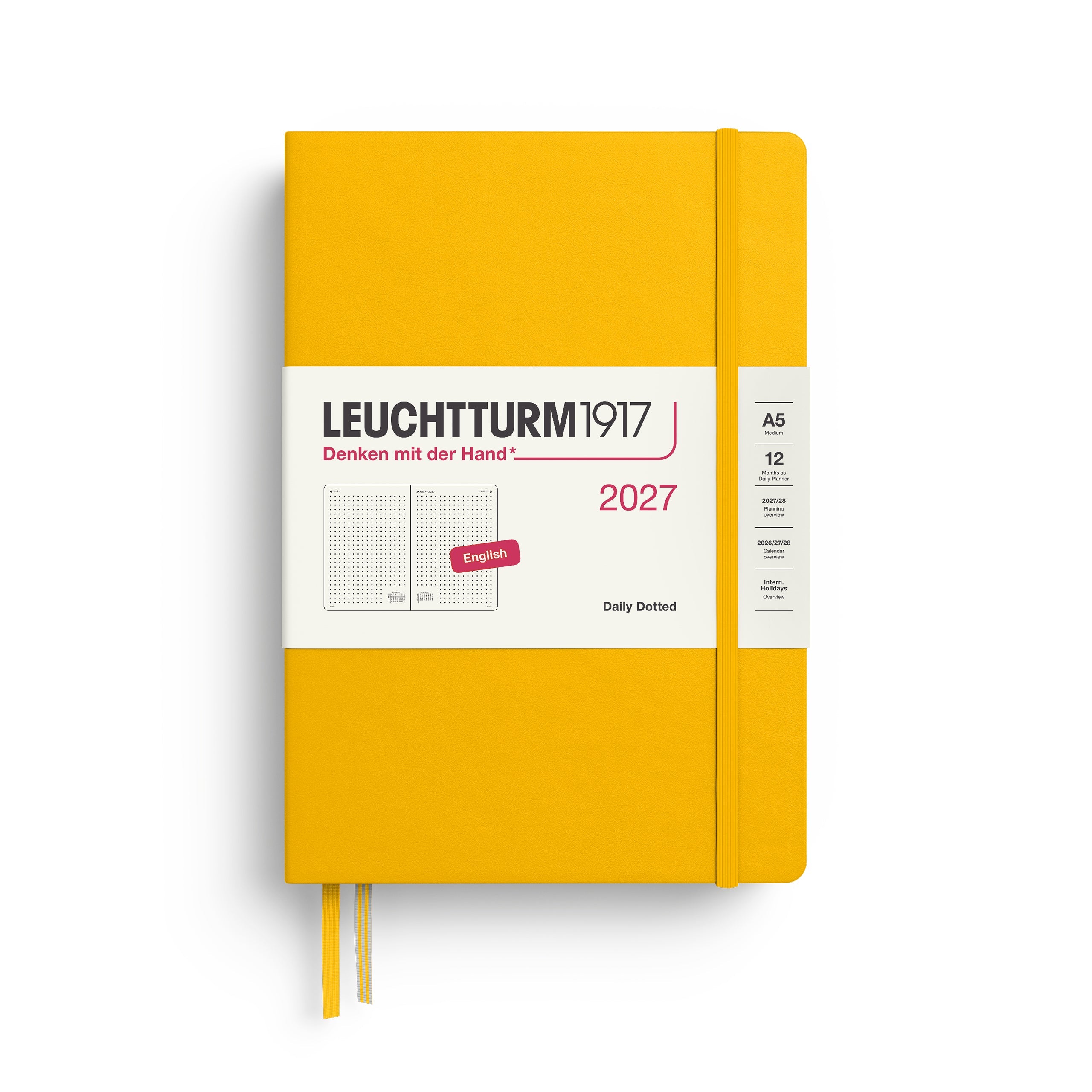 Daily Planner 2027, 12 Months, Dotted, English – Medium (A5) Hardcover Sunflower