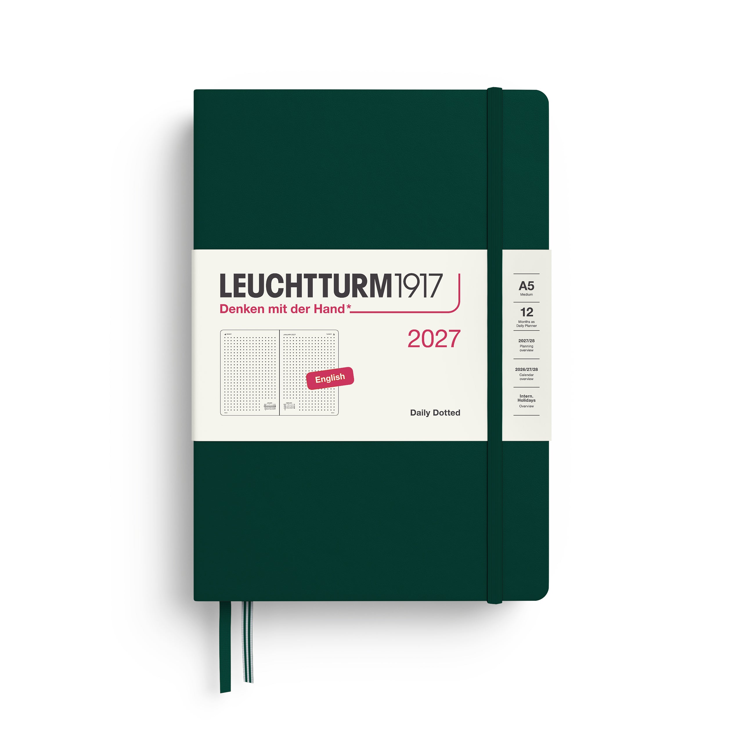 Daily Planner 2027, 12 Months, Dotted, English – Medium (A5) Hardcover Forest Green