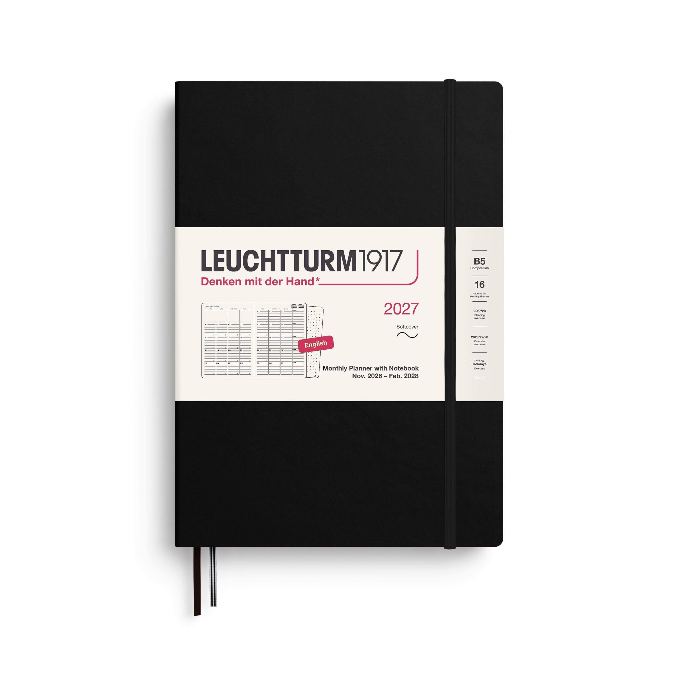 Monthly Planner with Notebook 2027, 16 Months, English – Composition (B5) Softcover Black
