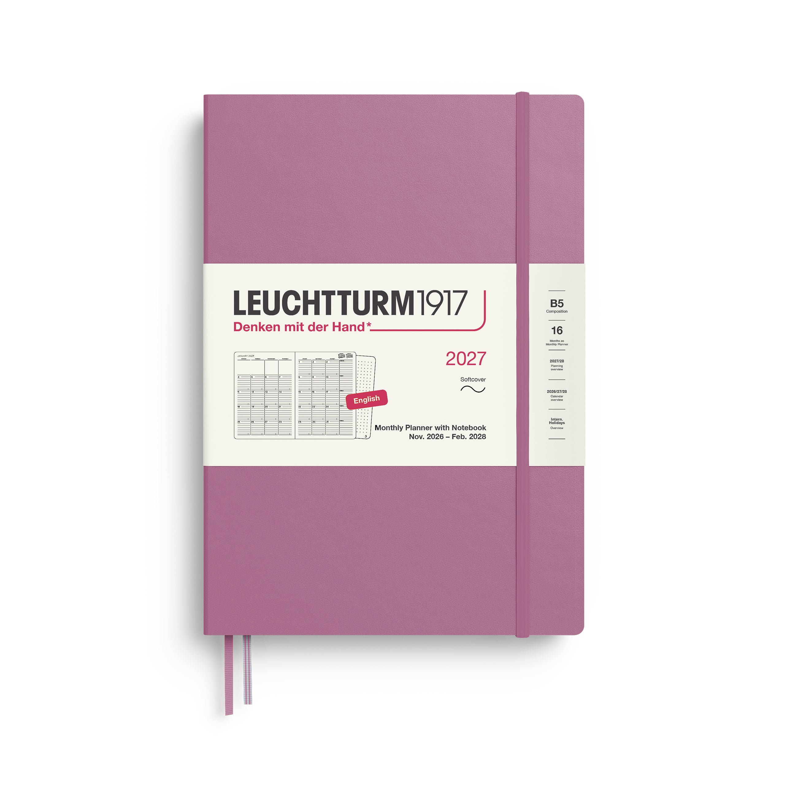 Monthly Planner with Notebook 2027, 16 Months, English – Composition (B5) Softcover Dusty Rose
