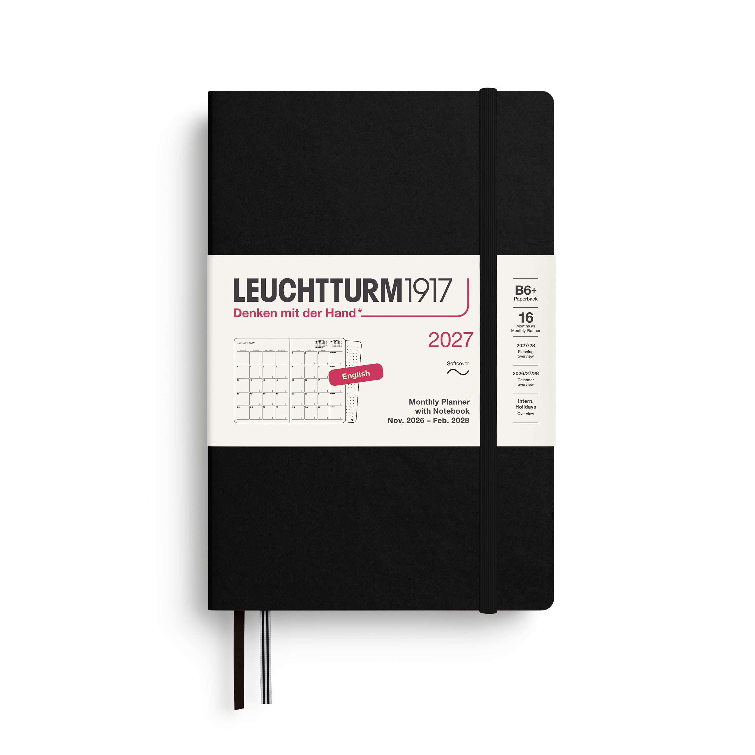 Monthly Planner with Notebook 2027, 16 Months, English – Paperback (B6+) Softcover Black