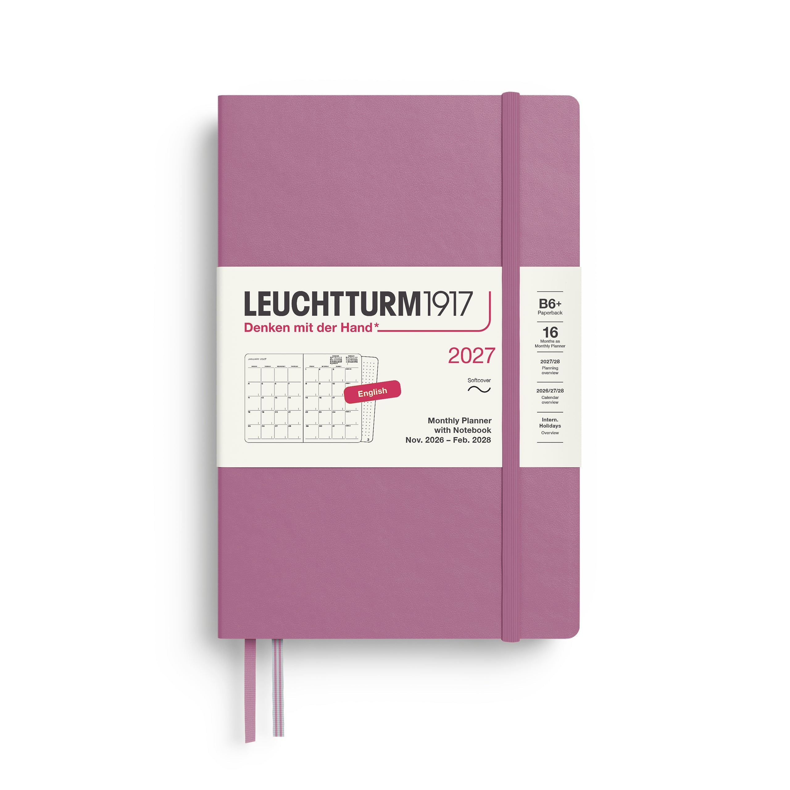 Monthly Planner with Notebook 2027, 16 Months, English – Paperback (B6+) Softcover Dusty Rose