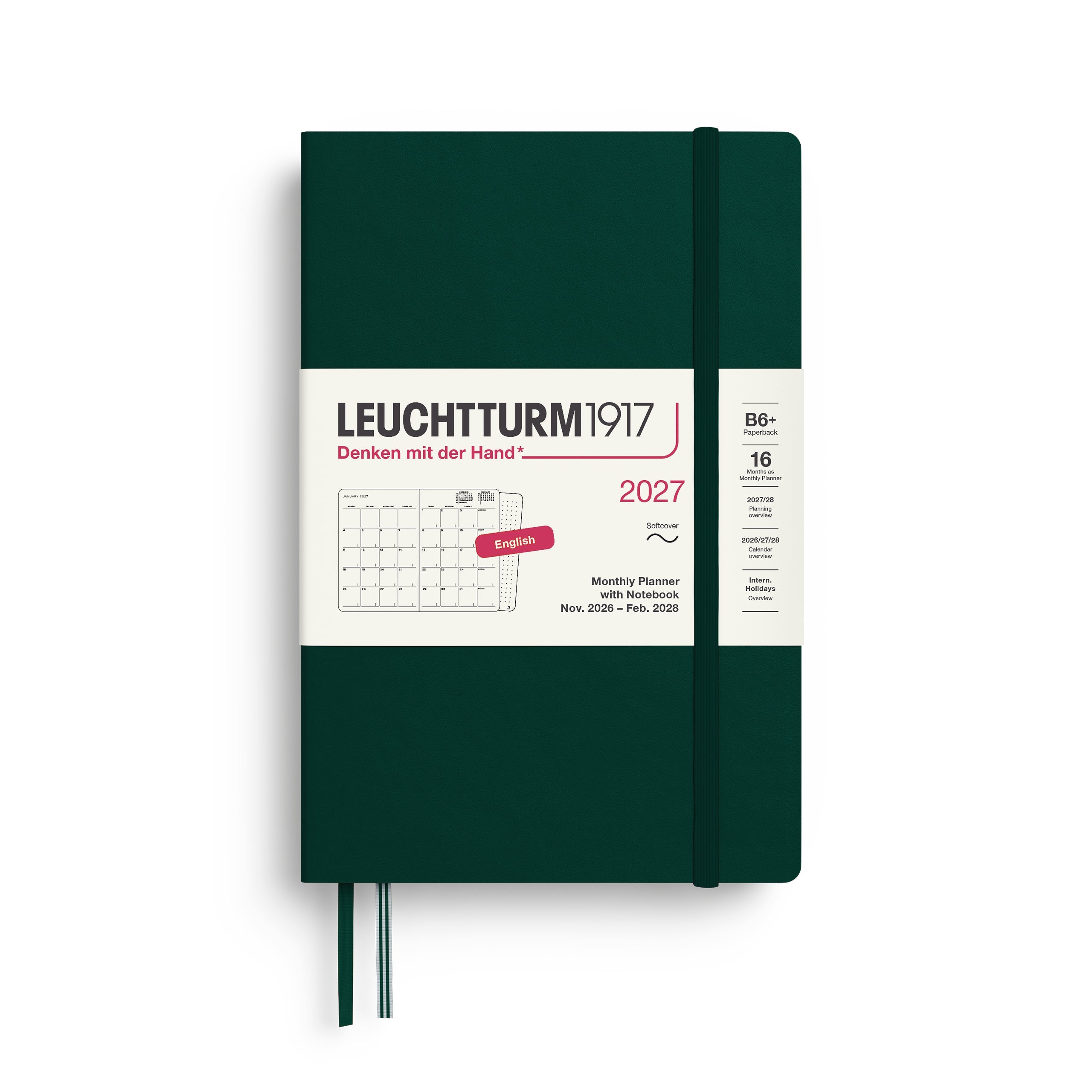 Monthly Planner with Notebook 2027, 16 Months, English – Paperback (B6+) Softcover Forest Green