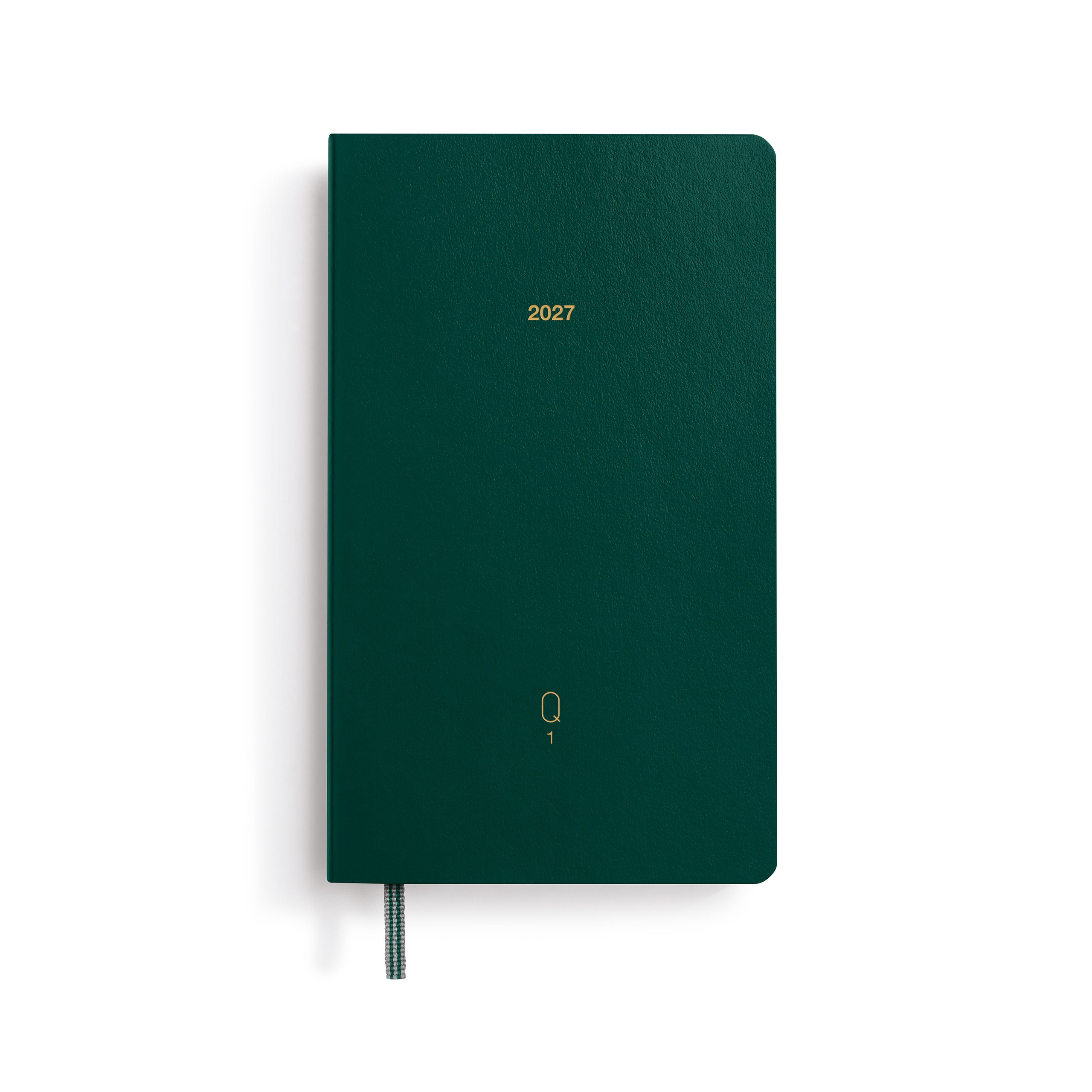 Green notebook with '2027' printed on the cover on a white background