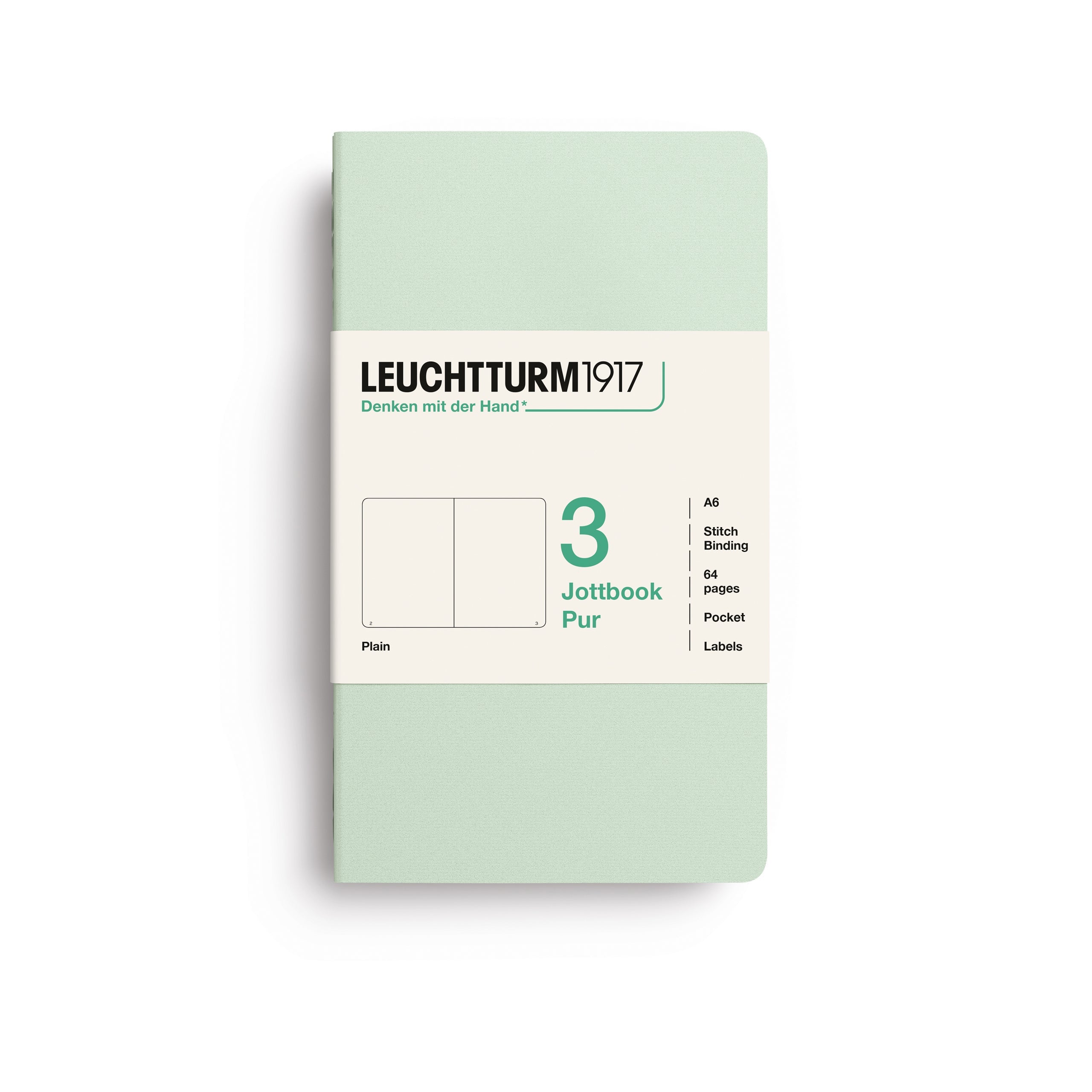 Jottbook Pur Pocket (A6), plain, Mint Green, pack of 3
