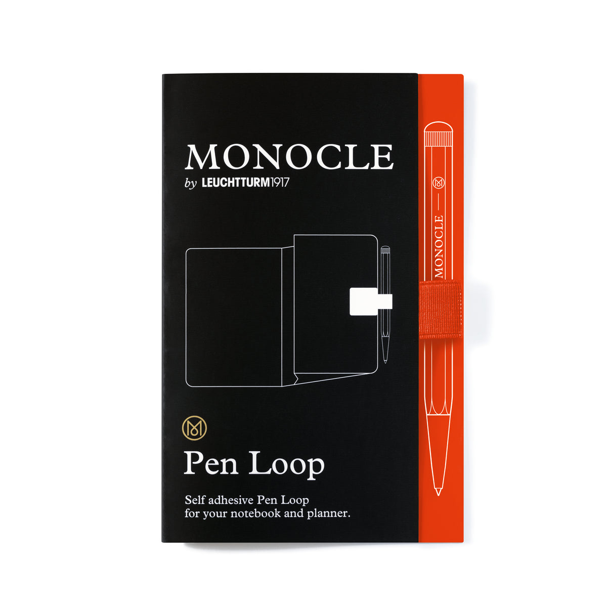 Leuchtturm1917 Monocle Pen Loop notebook and planner accessory in black packaging with a bright orange elastic band and pen loop, shown on a white background.
