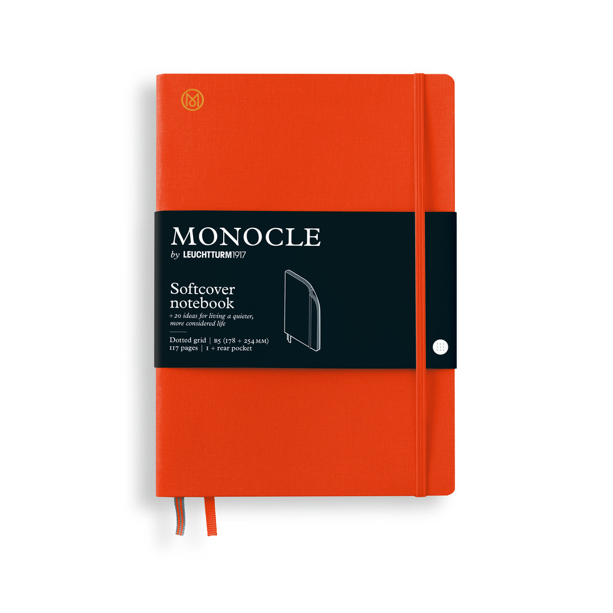 An orange Monocle notebook by Architectura 2025, featuring a black paper band around the middle with white text and a white snap button on the side, set against a plain white background.