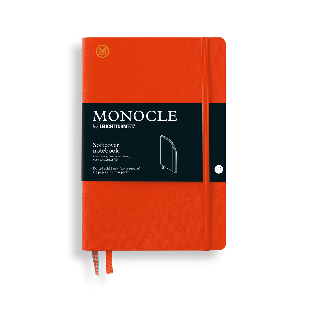 An orange Monocle notebook by Leuchtturm1917, featuring a black wrap-around label with white text and a small white button on the side, shown on a white background.