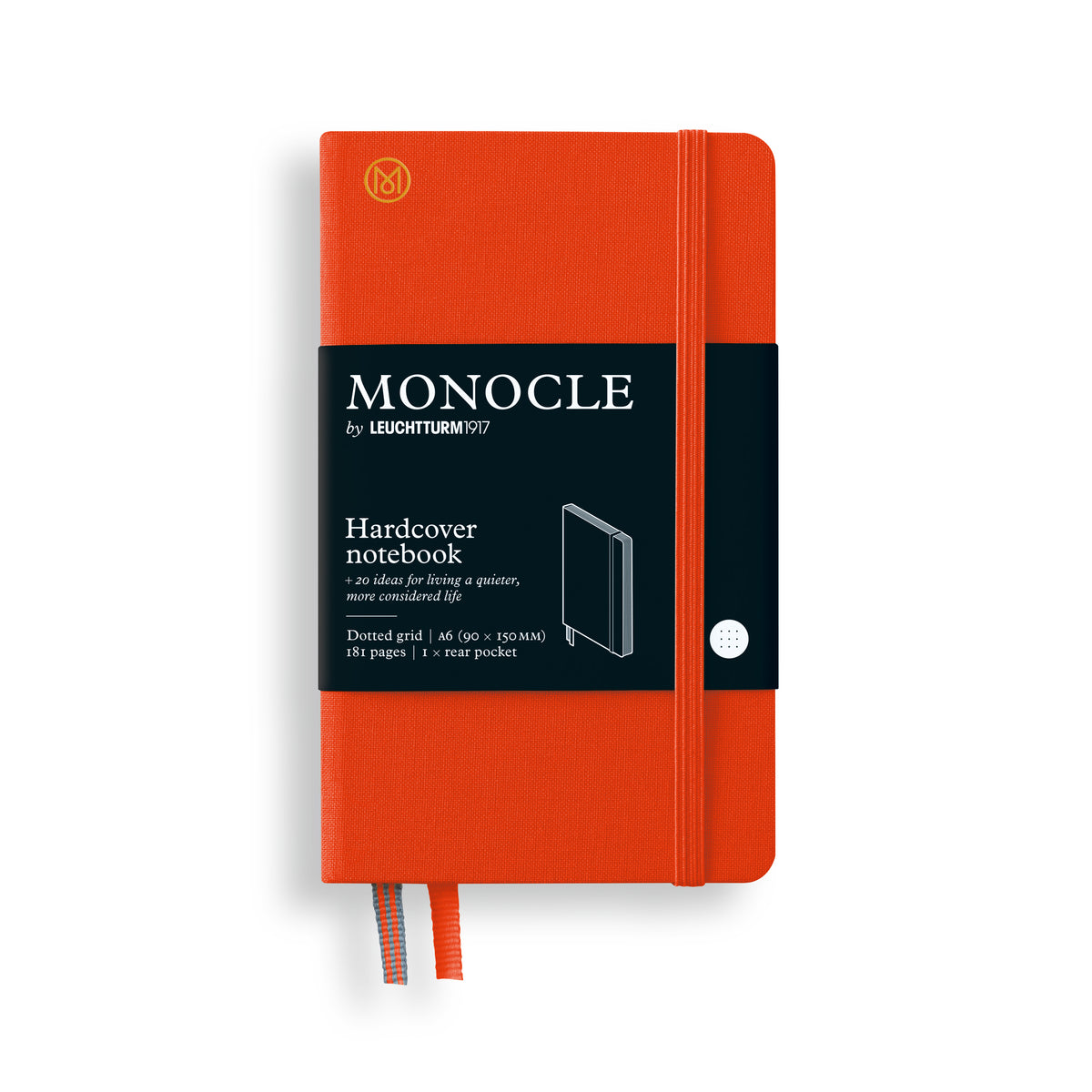 A Leuchtturm1917 Monocle Hardcover Notebook in a vibrant orange-red color, featuring a black paper band around the middle with white text and a small white circular logo, shown on a clean white background.