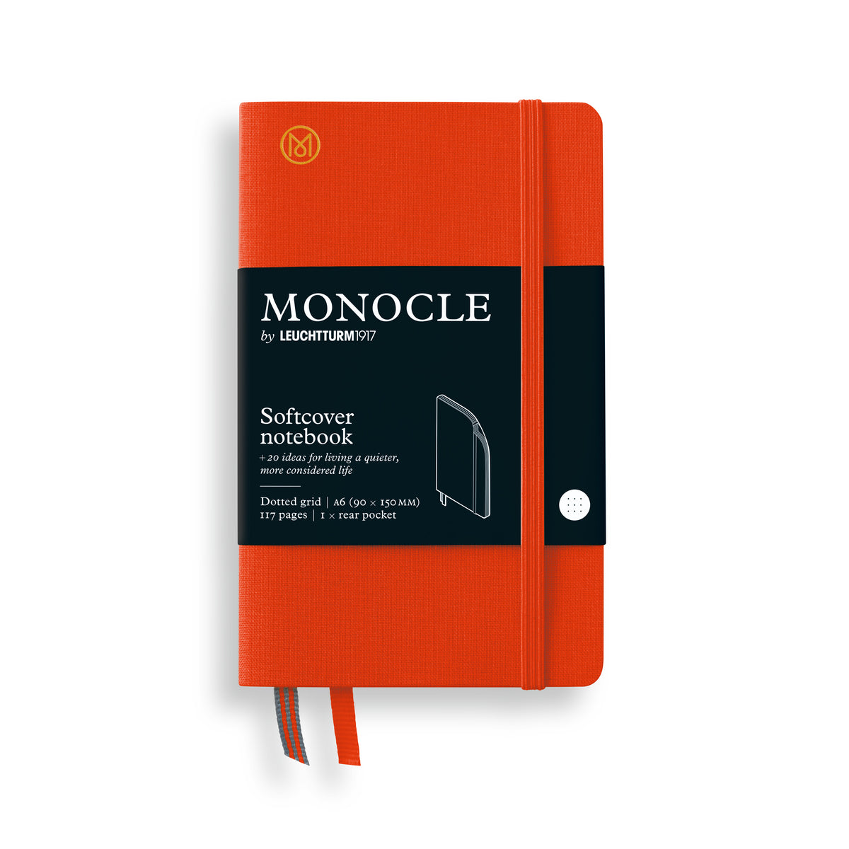 A Leuchtturm1917 Monocle softcover notebook in a vibrant orange-red color, featuring a black paper band around the middle with white text and a small white circular logo. The notebook is shown standing upright on a clean white background.