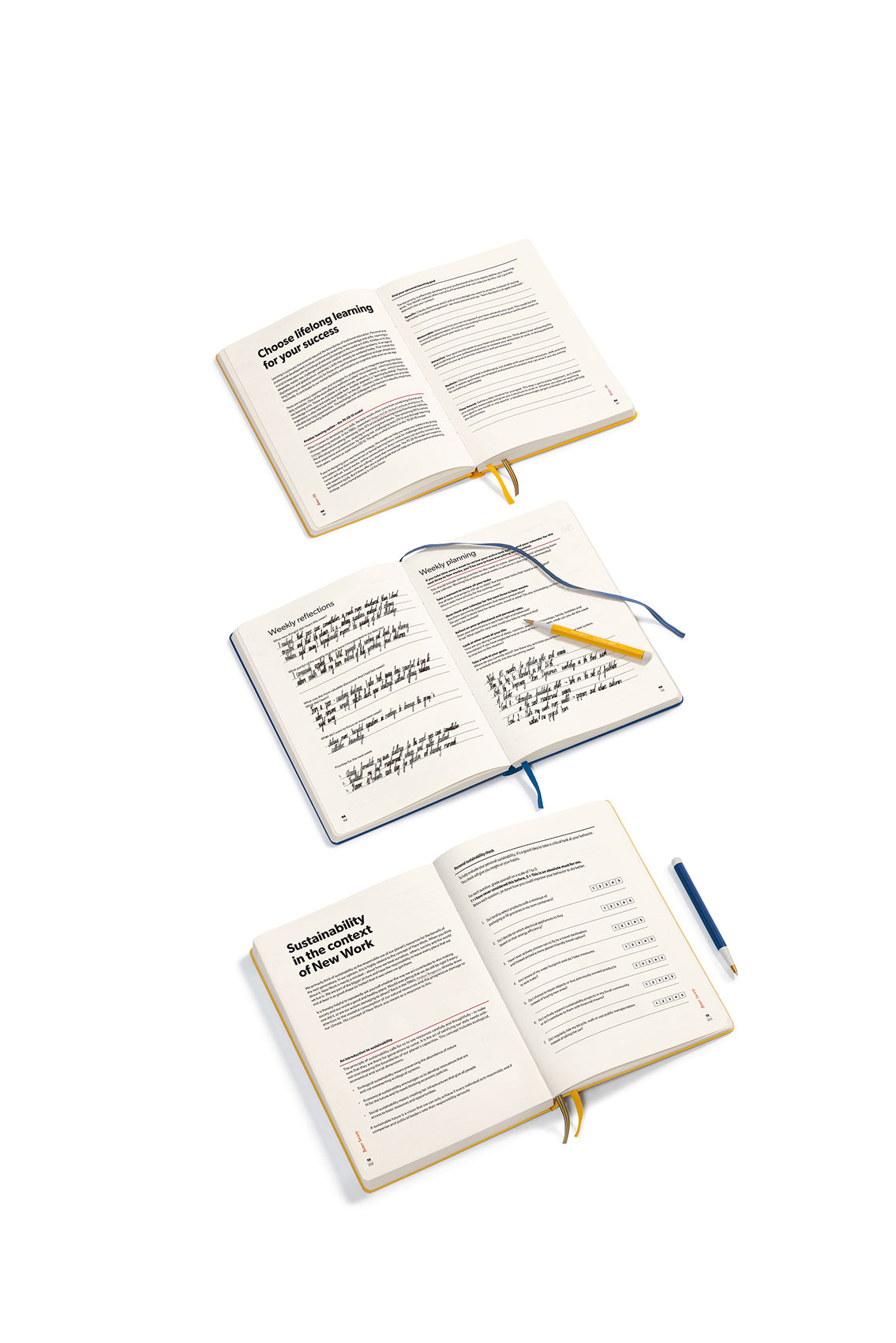 Three open books on a white background