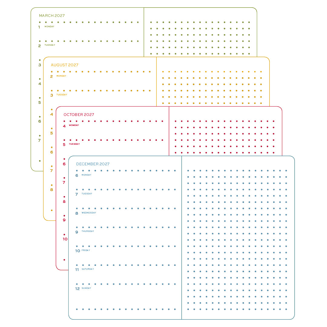 Three calendar sheets for March, October, and December 2027 with dot grid design.