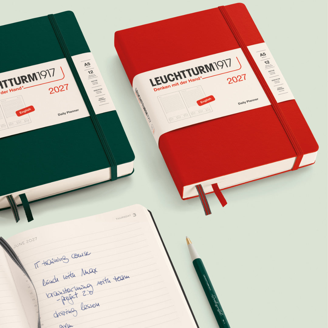 Daily planner from Leuchtturm1917 in forest green and red for the year of 2027