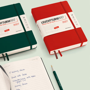 Daily planner from Leuchtturm1917 in forest green and red for the year of 2027