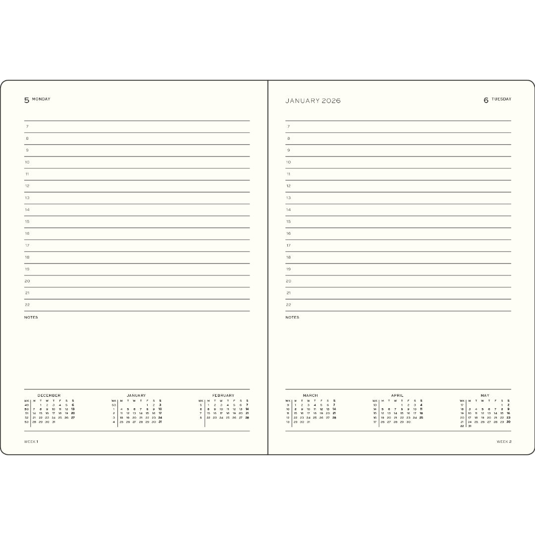Two-page spread of a planner with calendar and notes sections.