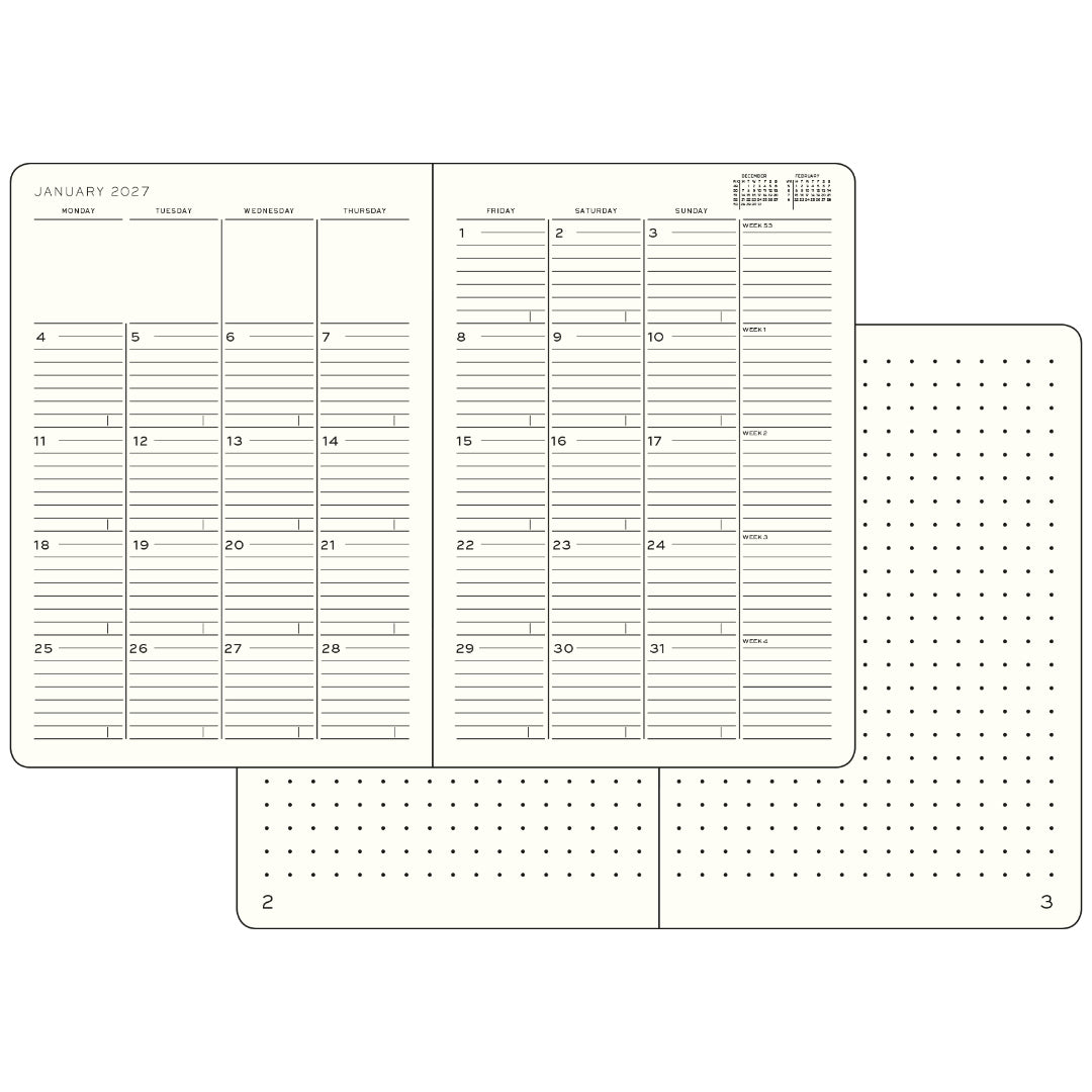 Calendar page with grid layout for January 2027 on a white background
