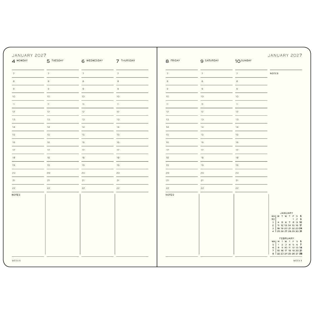 Two-page spread of a planner with calendar and notes sections for January 2027.