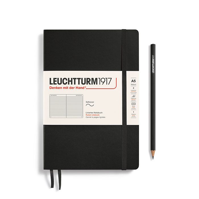 Notebook Medium (A5) Softcover, 121 numbered pages, ruled, black