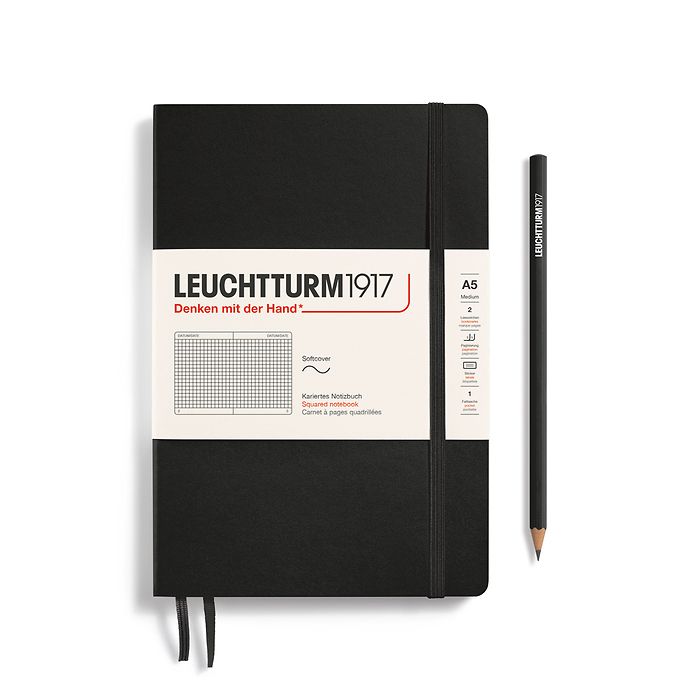 Notebook Medium (A5) Softcover, 121 numbered pages, squared, black
