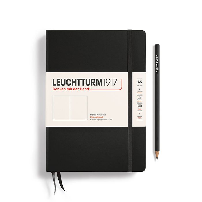 Notebook Medium (A5) Hardcover, 249 numbered pages, plain, black