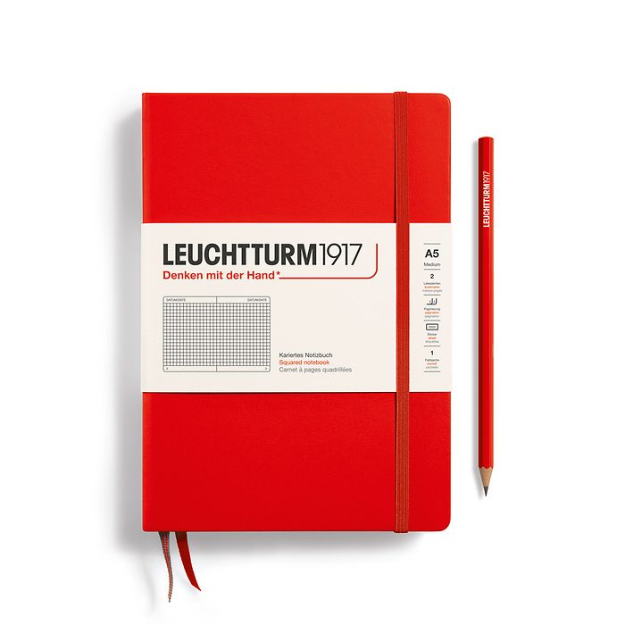 Notebook Medium (A5) Hardcover, 249 numbered pages, squared, red