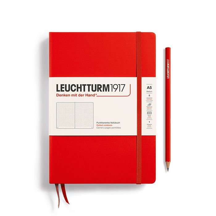 Notebook Medium (A5) Hardcover, 249 numbered pages, dotted, red